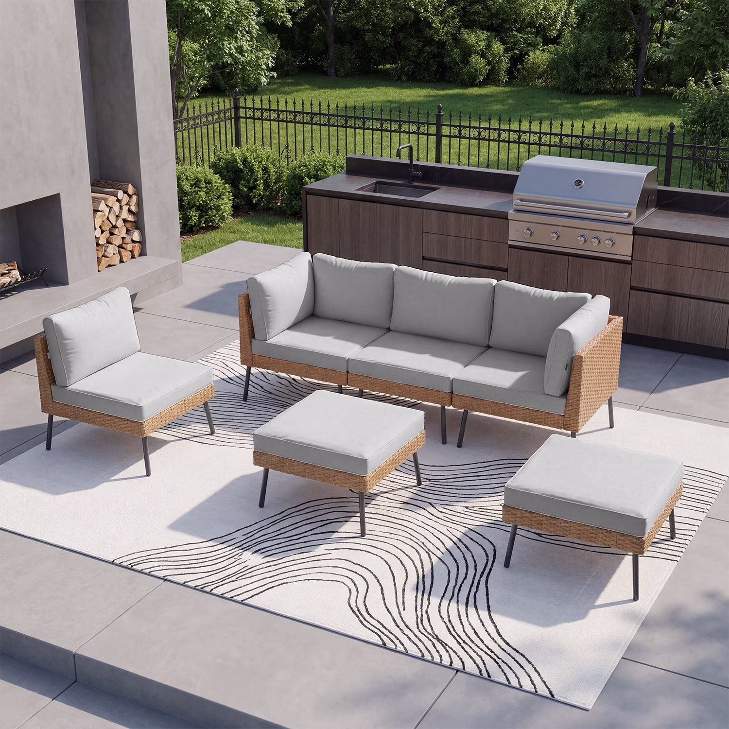 Sunmthink 6-Piece All Weather Wicker Patio Sectional Set with Water Resistant Cushions and Glass Coffee Table (Light Gray) of2WD