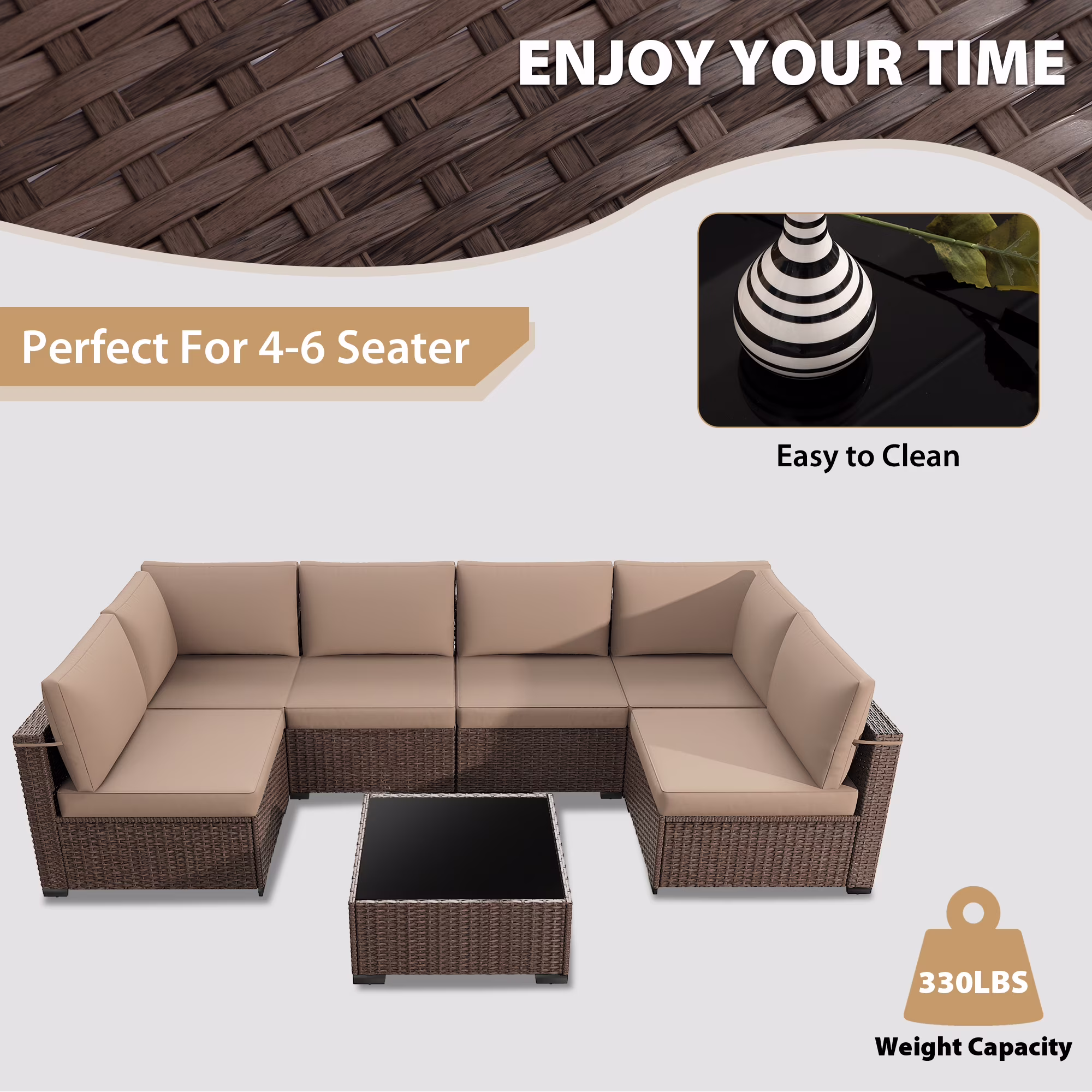 Kigoty 7-Piece Outdoor Patio Furniture Set, Wicker Rattan Sectional Sofa with Coffee Table (Brown, 7-Piece) avnNy - Image 6