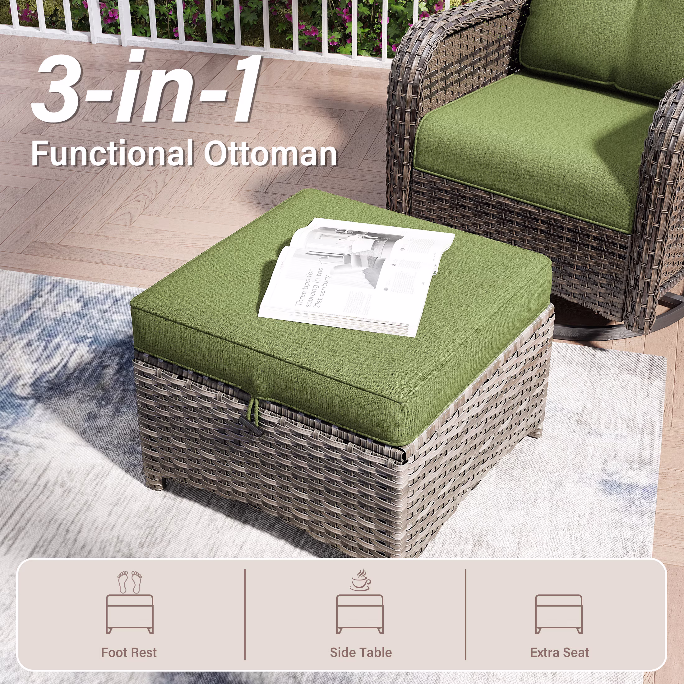 MeetLeisure 5-Piece Wicker Patio Furniture Set, Swivel Rocker Chairs with Ottomans and Side Table (Green) Zv77f - Image 2