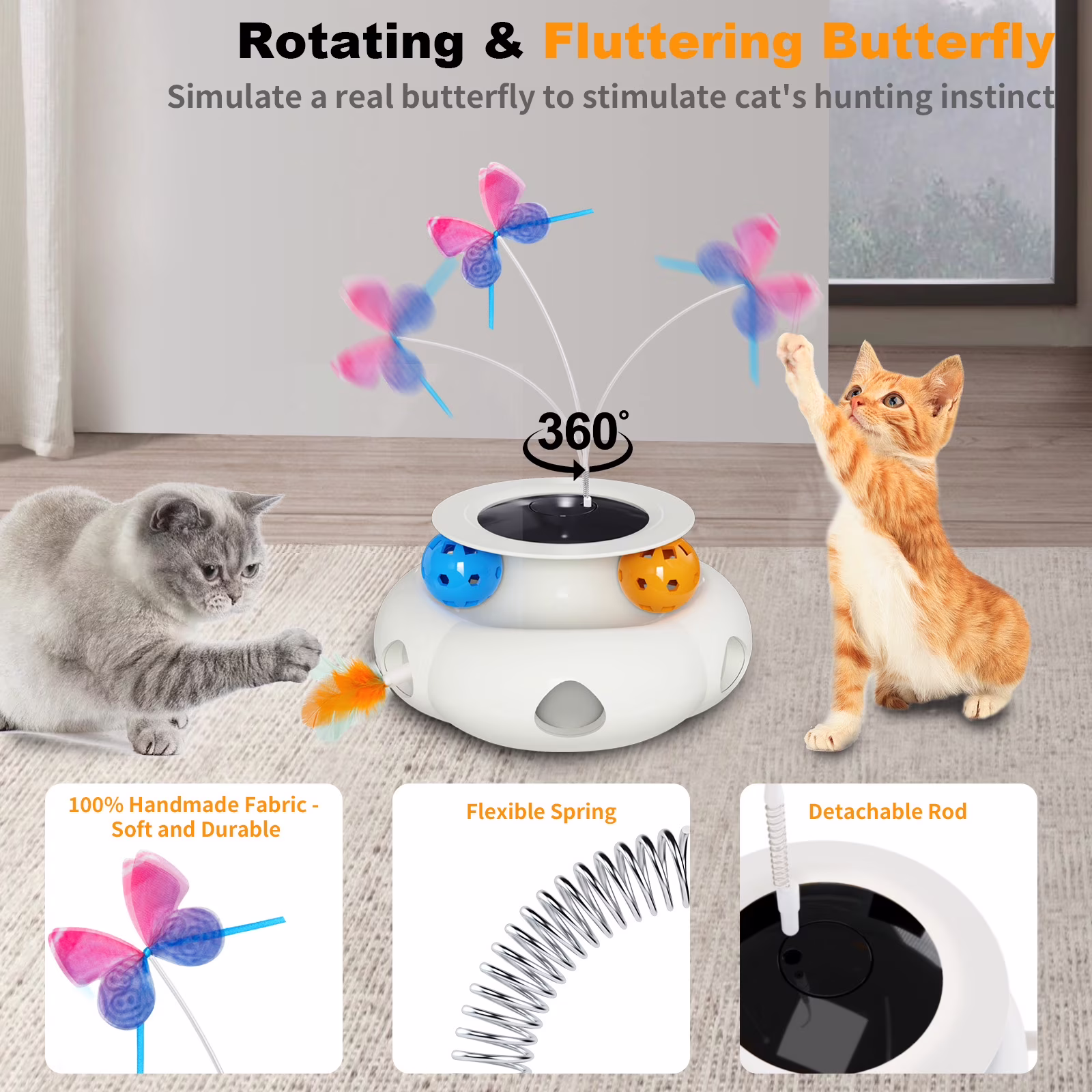 UniMaxLink Electric Interactive Cat Toy, Automatic Rotating Butterfly Feather Wand for Indoor Exercise (White, 1 Pack) BYZlg