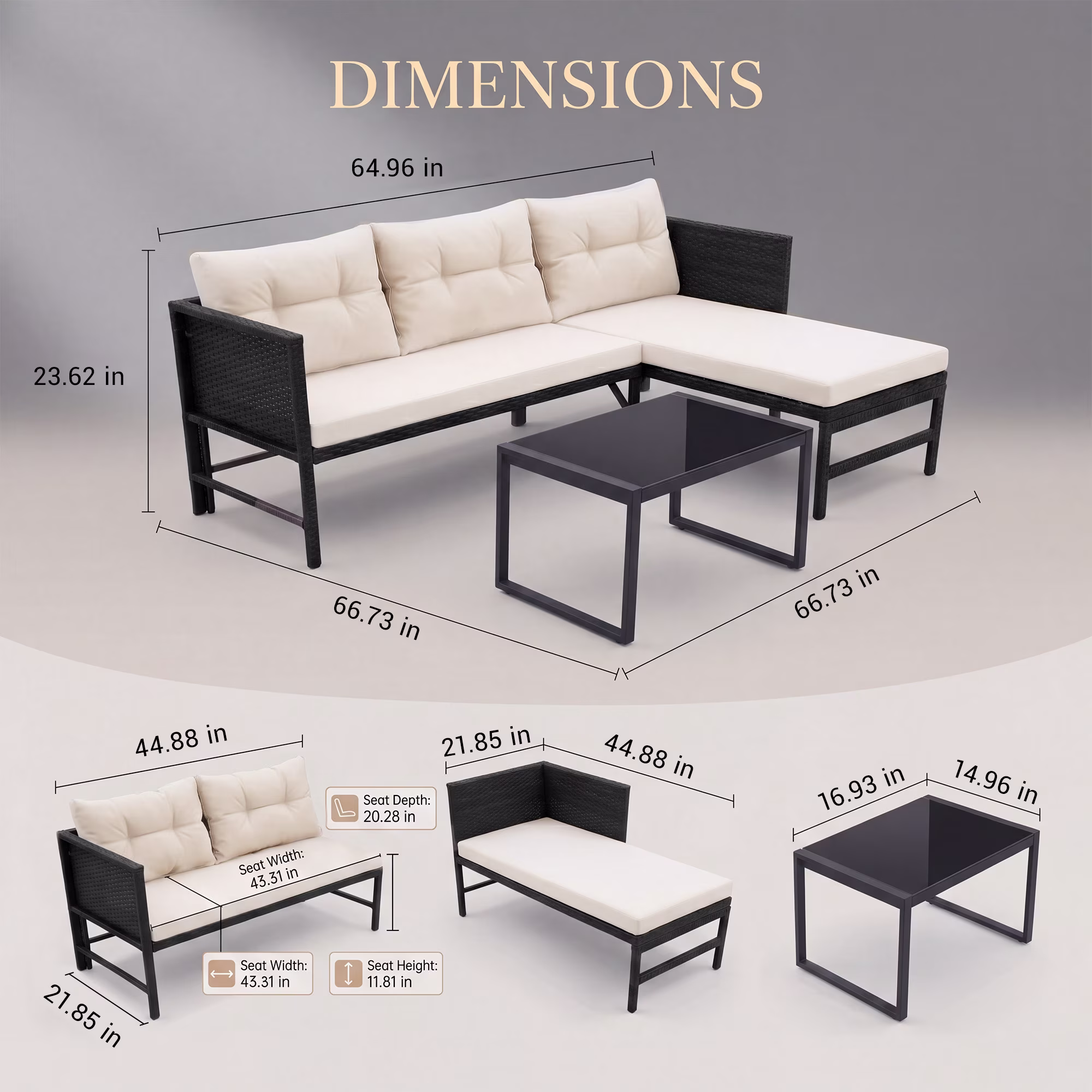 Tappio 5 Piece Outdoor Patio Furniture Set, All-Weather PE Rattan Sectional Sofa with Cushions and Glass Table (Black/Beige, 5 Piece) aUiMm