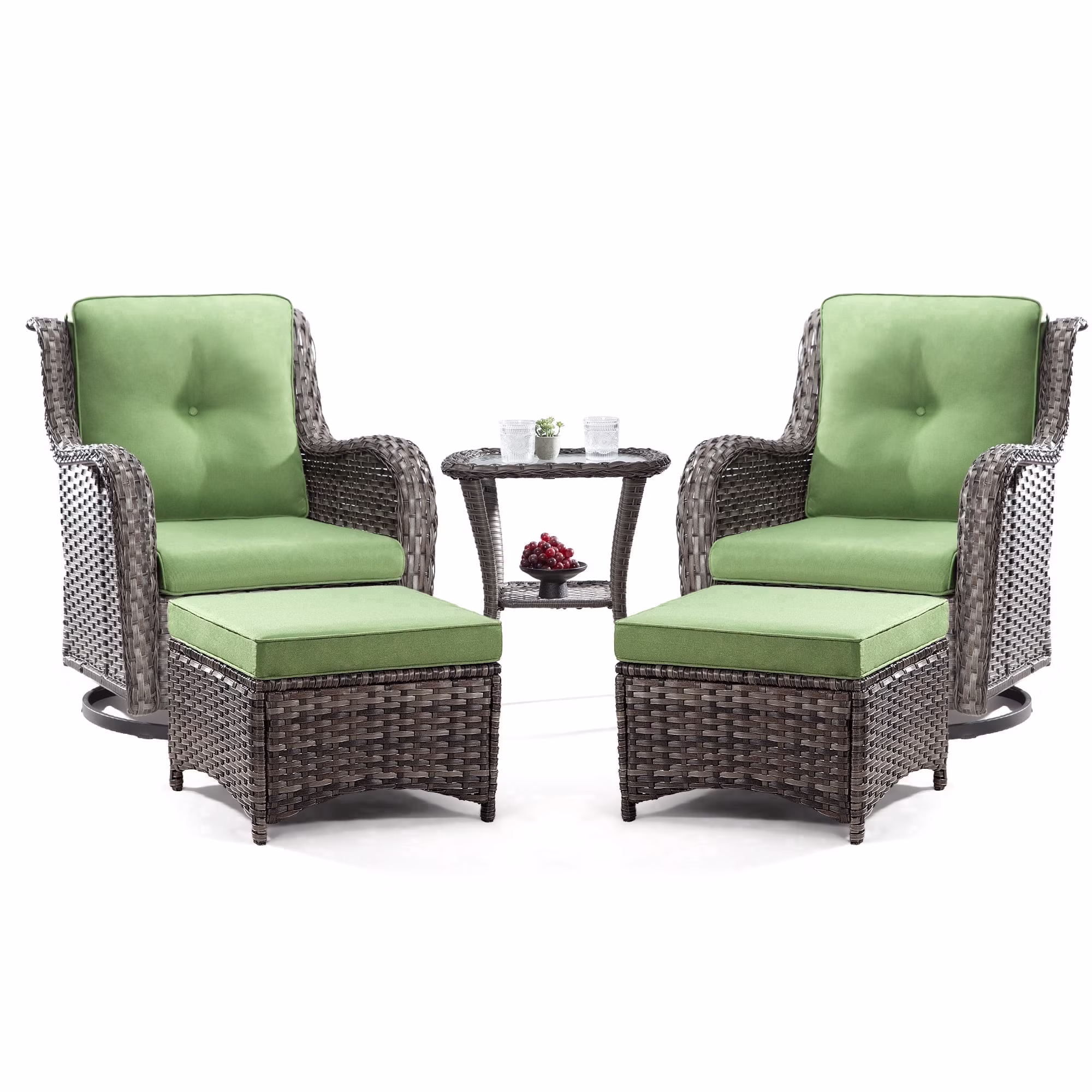 MeetLeisure 5-Piece Wicker Patio Furniture Set, Swivel Rocker Chairs with Ottomans and Side Table (Green) Zv77f - Image 4