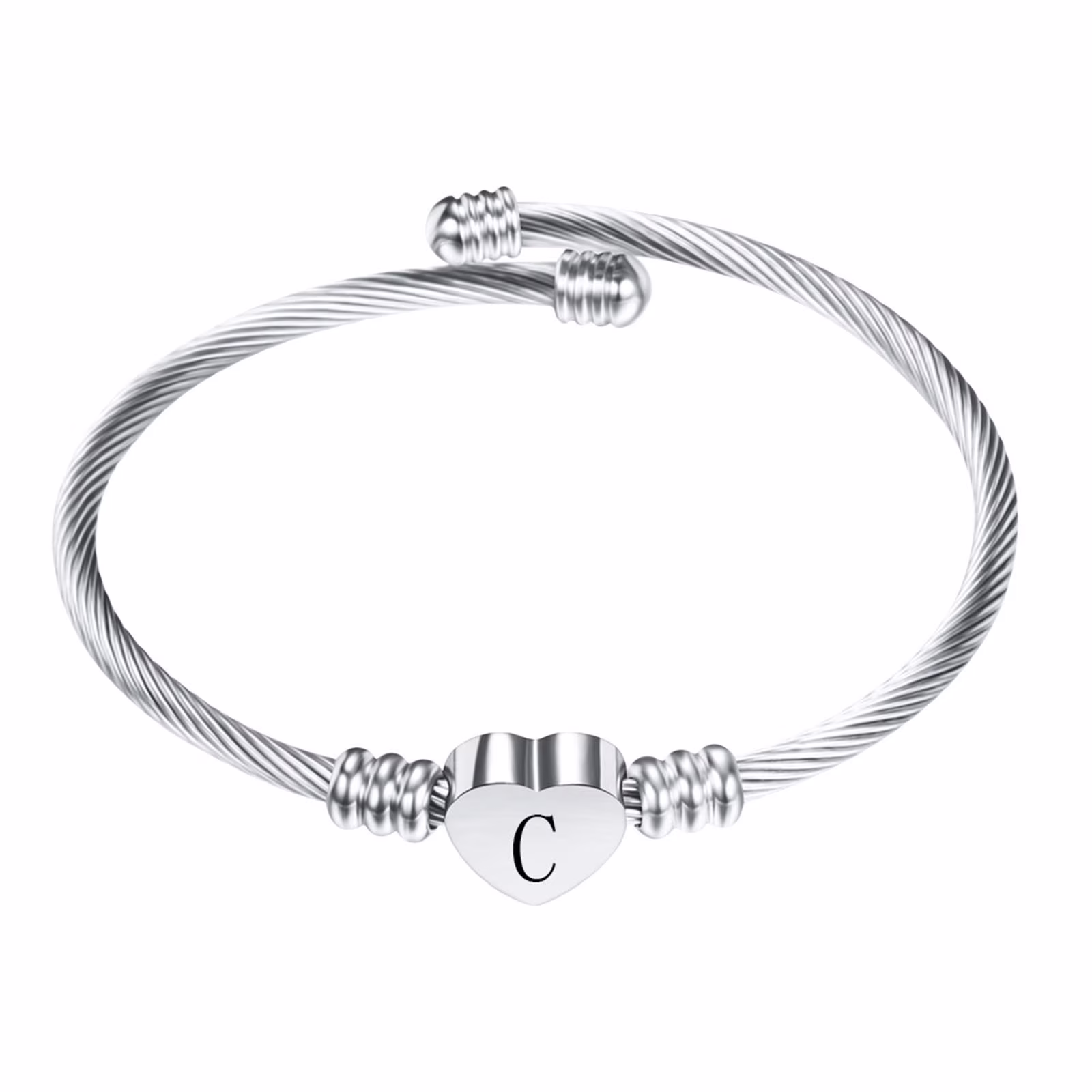 HUAZHAI Heart Initial Charm Bracelet Stainless Steel Engraved Jewelry (Silver, 7.5 in) 91cVg