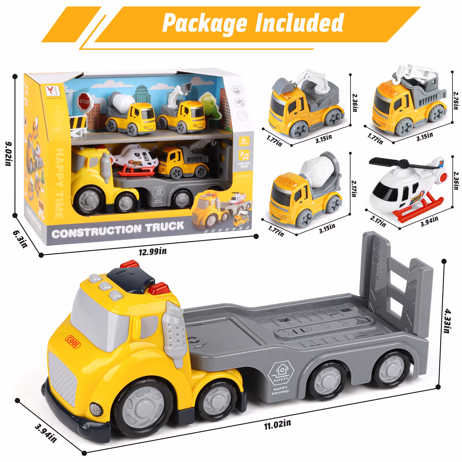 Beefunni Construction Vehicle Toy Set, 5-in-1 Transport Truck Carrier with Lights and Sounds (Yellow, 1 Set) Mnccm - Image 7