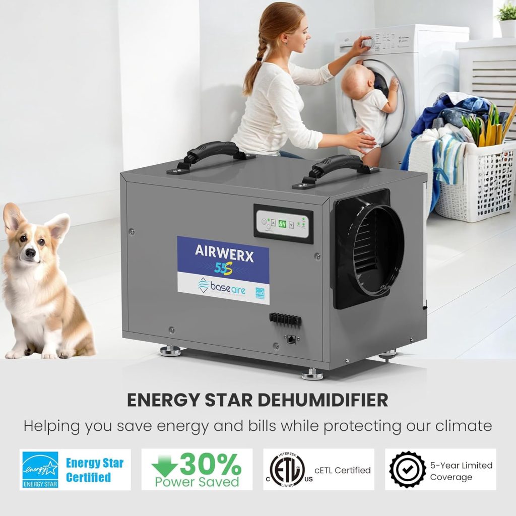 BaseAire 120 Pints Crawl Space Dehumidifier, Commercial Grade Moisture Control for Basements and Homes (Grey, 19.2 x 12.2 x 13.3 in) Riw6r