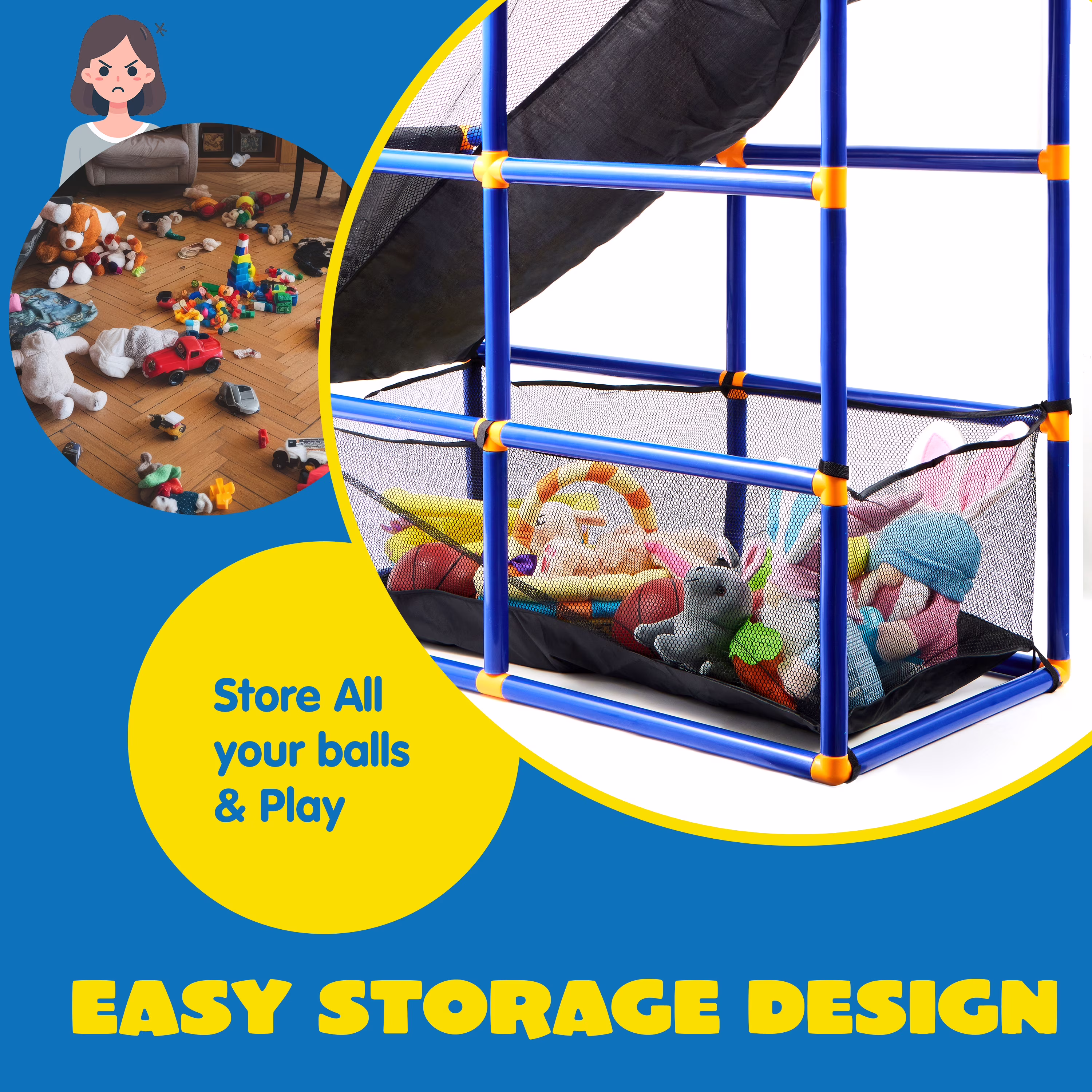 Joyfy Indoor Arcade Basketball Hoop Set with 4 Balls (Blue, 44 in - 55 in) fue3H