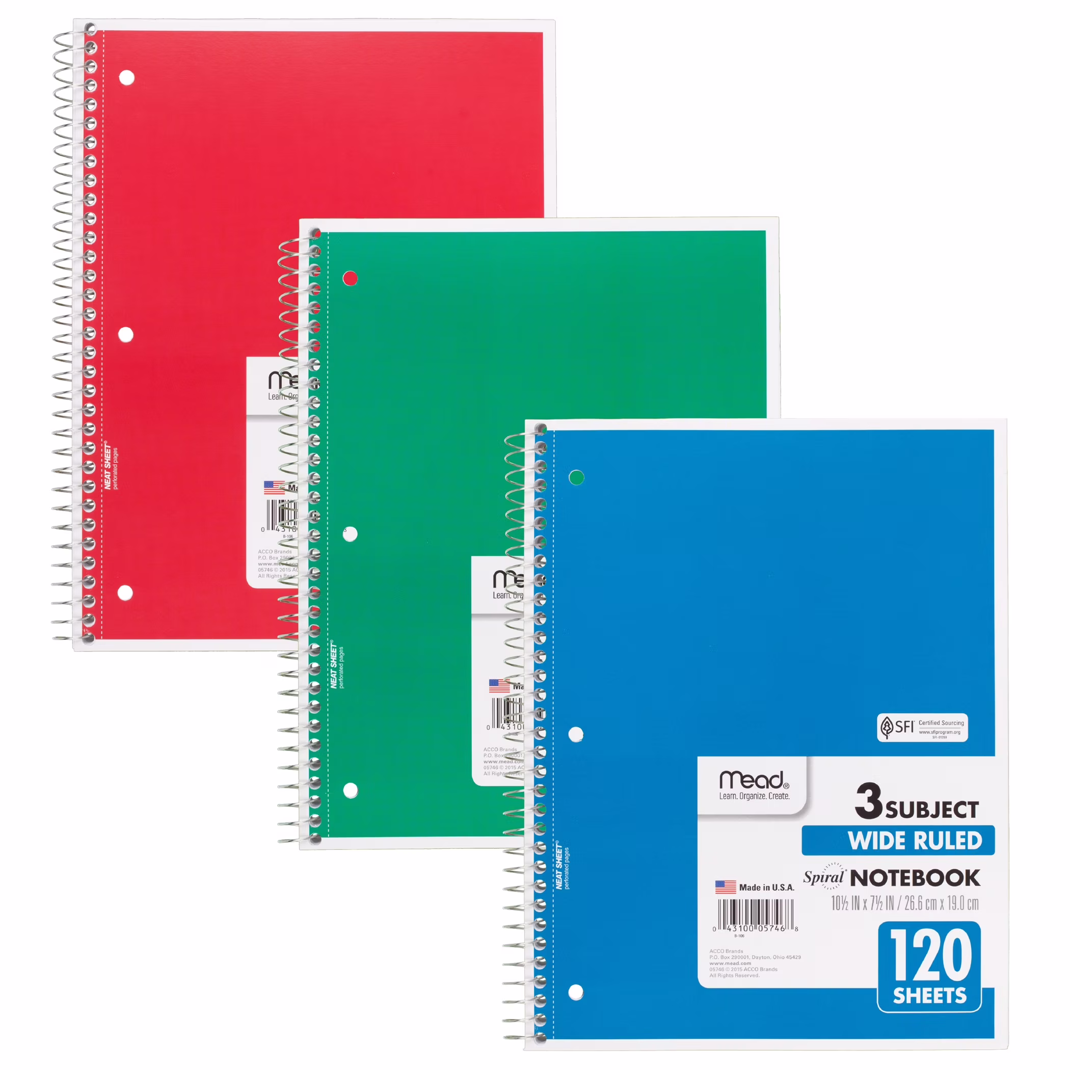 Mead Spiral 3 Subject Notebook, Wide Ruled, Perforated Pages for School and Office (Assorted Colors, 6 Pack) EJ1Yq