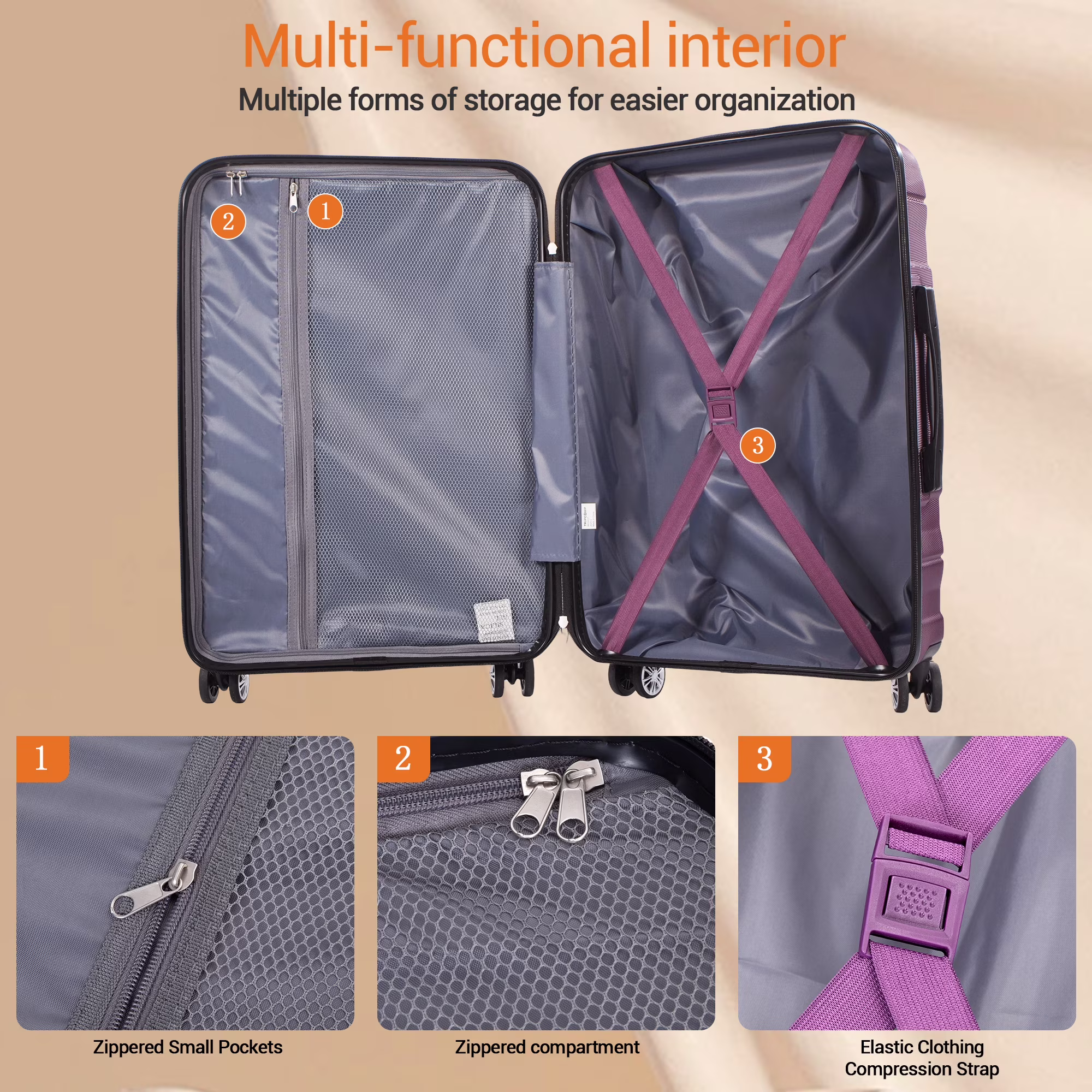TRIPCOMP Hardside Luggage Set 3-Piece Lightweight Spinner Suitcase (Dark Purple, 21 in, 25 in, 29 in) Q5T8F