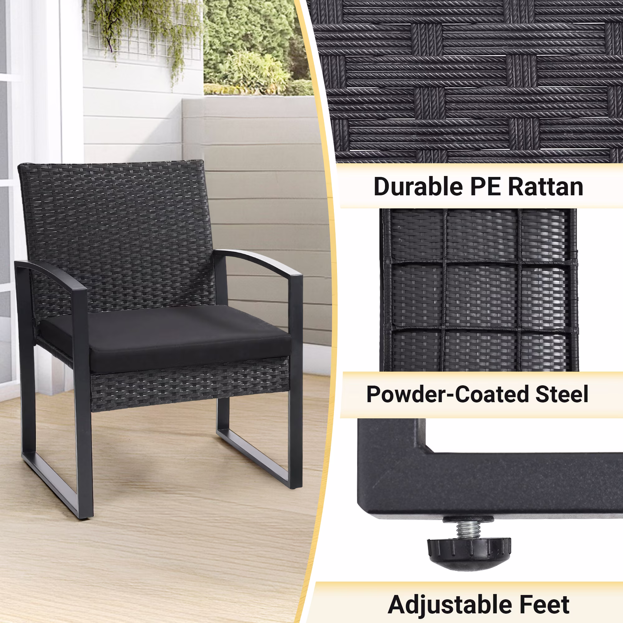 LOGYAT 3 Piece Wicker Patio Bistro Set, All-Weather Rattan Conversation Set with Glass Top Coffee Table (Black, 3 Piece) xcgT1