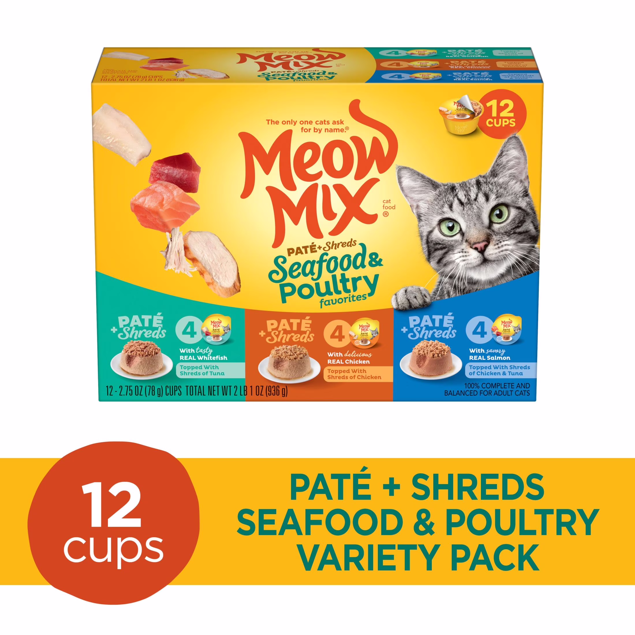 Meow Mix Pate Toppers Seafood & Poultry Variety Pack Wet Cat Food (Multi-Flavor, 12 Pack of 2.75 oz Cups) ffqAC