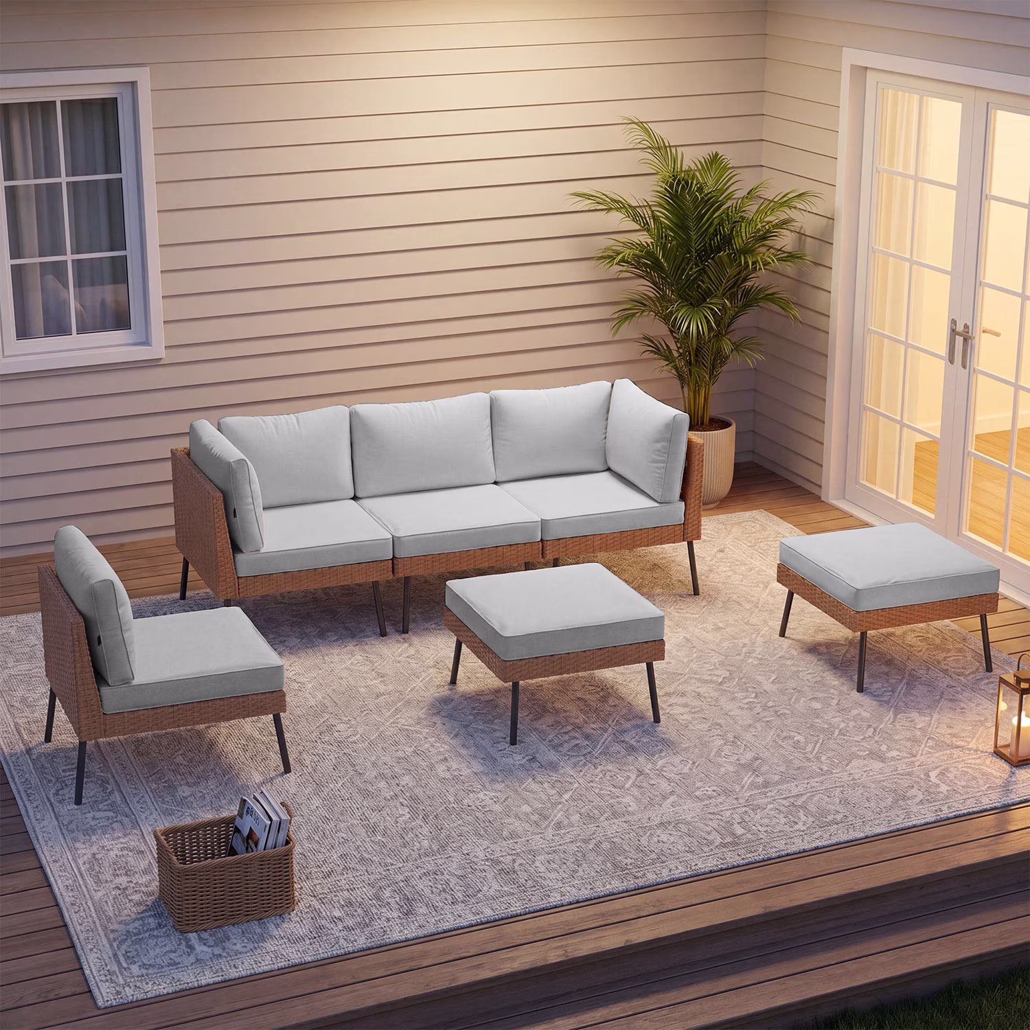 Sunmthink 6-Piece All Weather Wicker Patio Sectional Set with Water Resistant Cushions and Glass Coffee Table (Light Gray) of2WD - Image 6