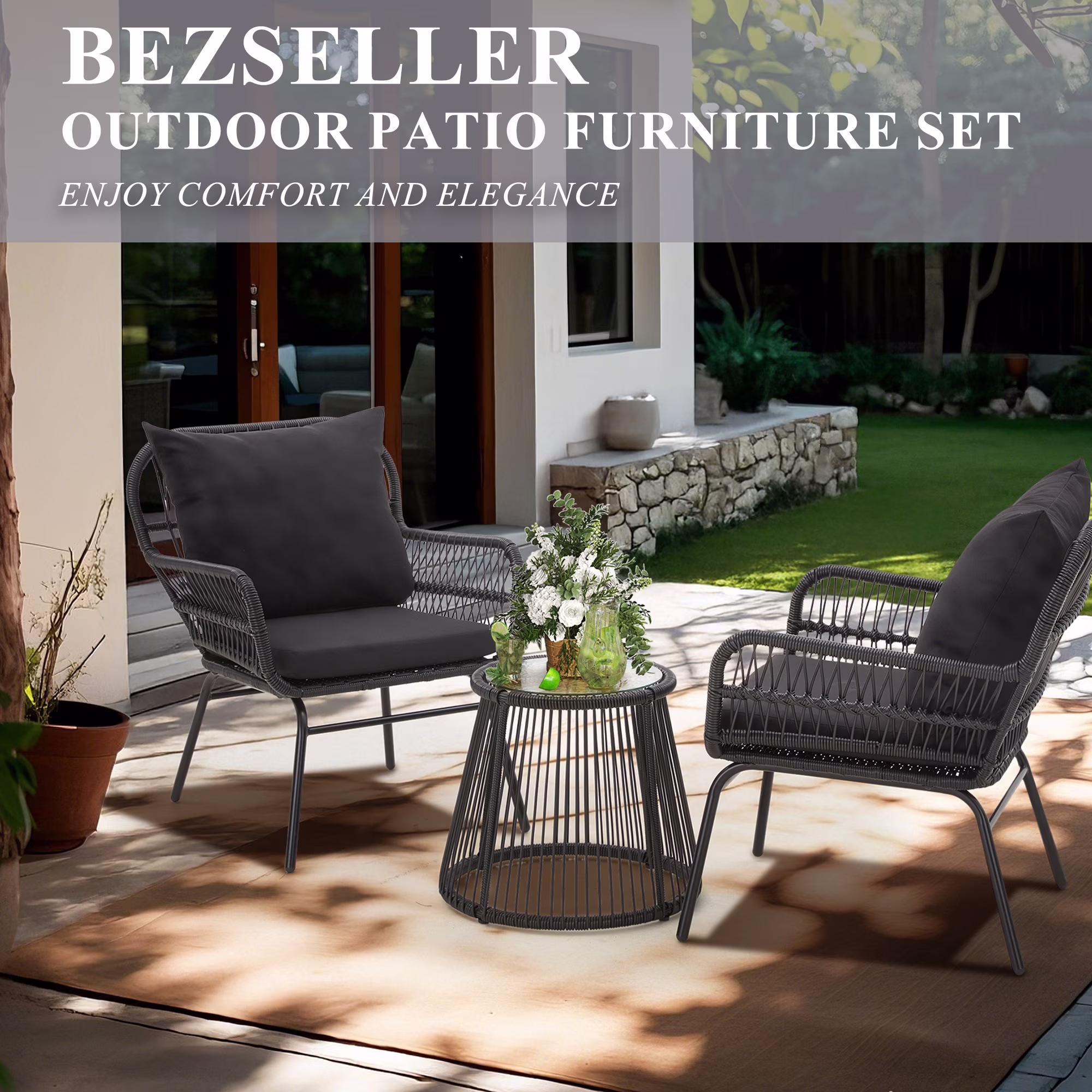 Bezseller 3-Piece Outdoor Wicker Furniture Set, Patio Conversation Set (Black, 3-Piece) gIBzb - Image 4