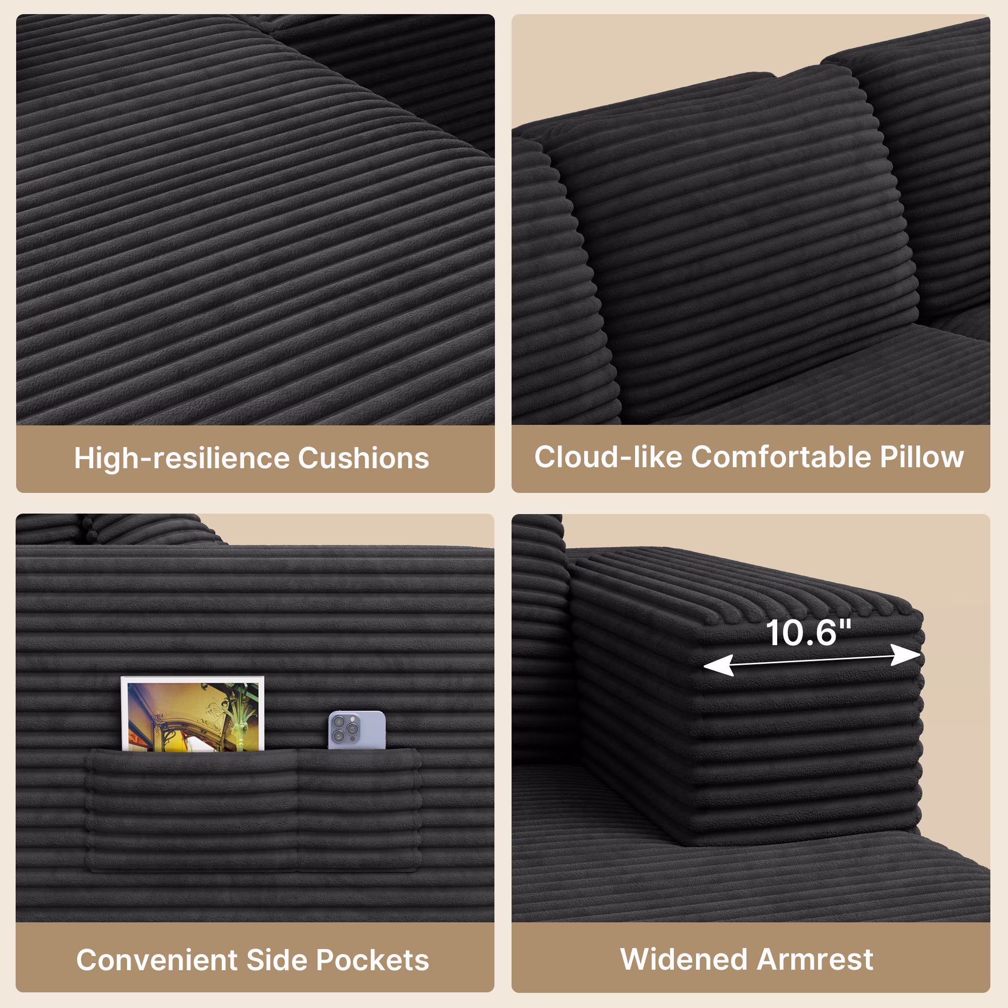 Lofka L-Shaped Sectional Sofa, Pet-Friendly Corduroy Fabric, Modular Living Room Furniture (Black, 105 in) 8Uae6 - Image 7