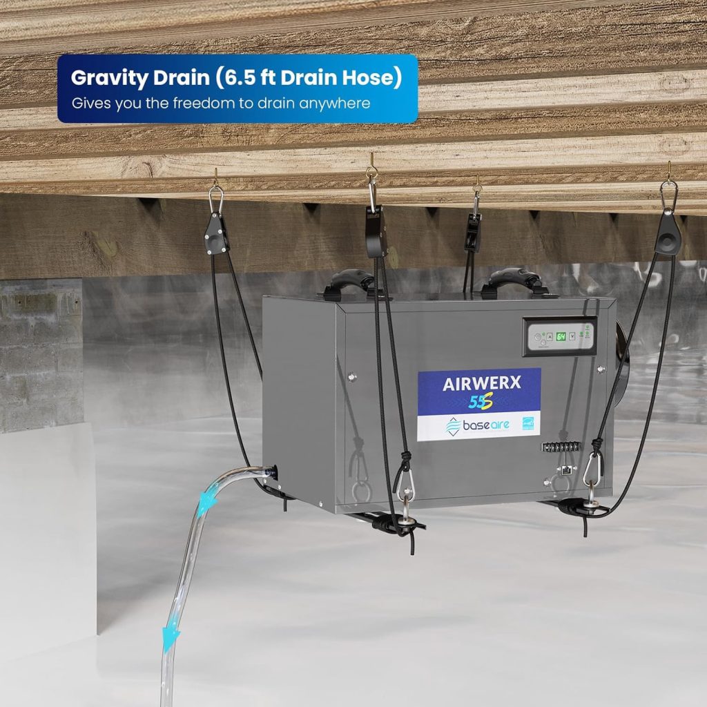 BaseAire 120 Pints Crawl Space Dehumidifier, Commercial Grade Moisture Control for Basements and Homes (Grey, 19.2 x 12.2 x 13.3 in) Riw6r
