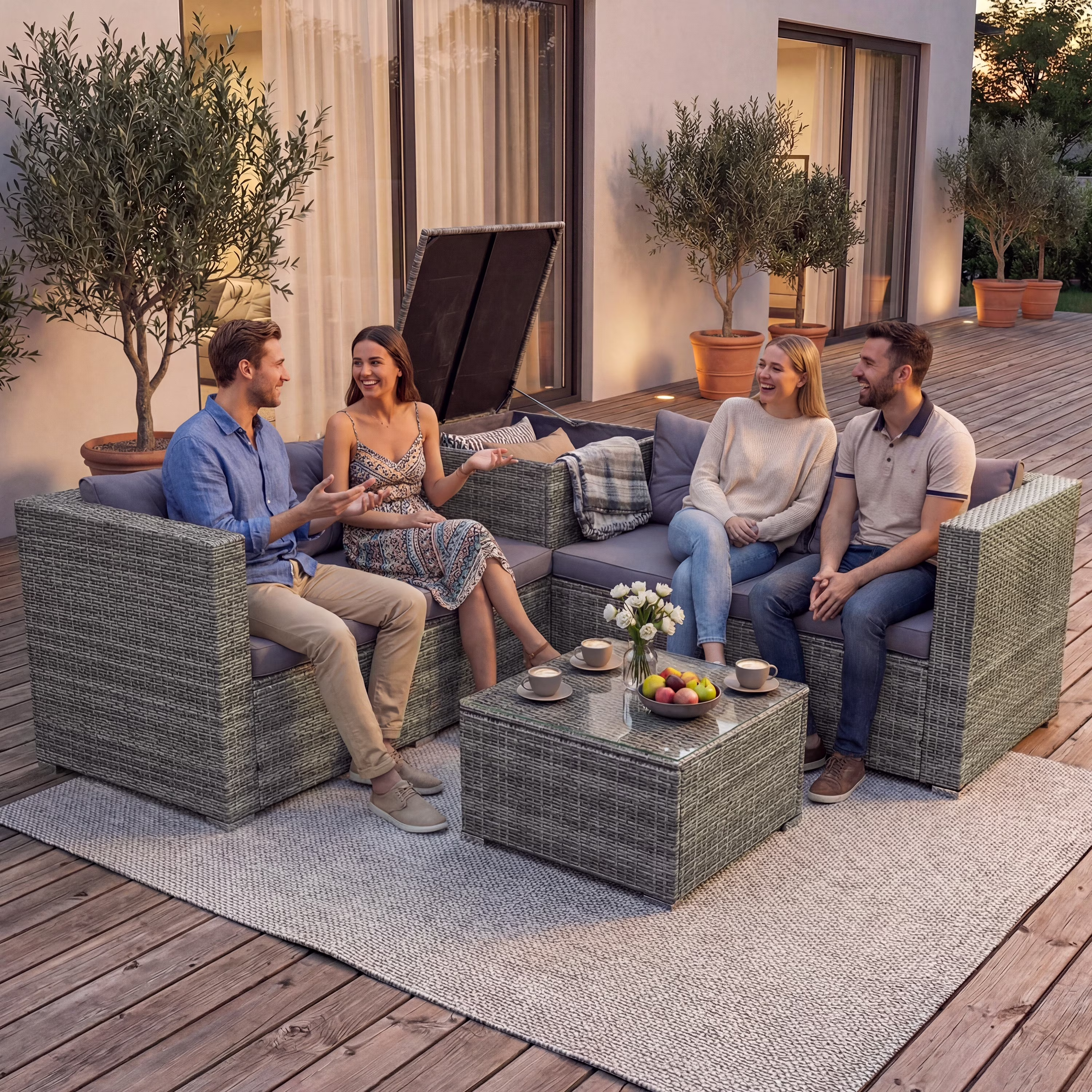 Segmart 4-Piece Outdoor Rattan Patio Sofa Set, All-Weather Wicker Sectional Furniture with Cushions, Glass Table, and Storage Box (Beige, 4-Piece Set) XhXKh