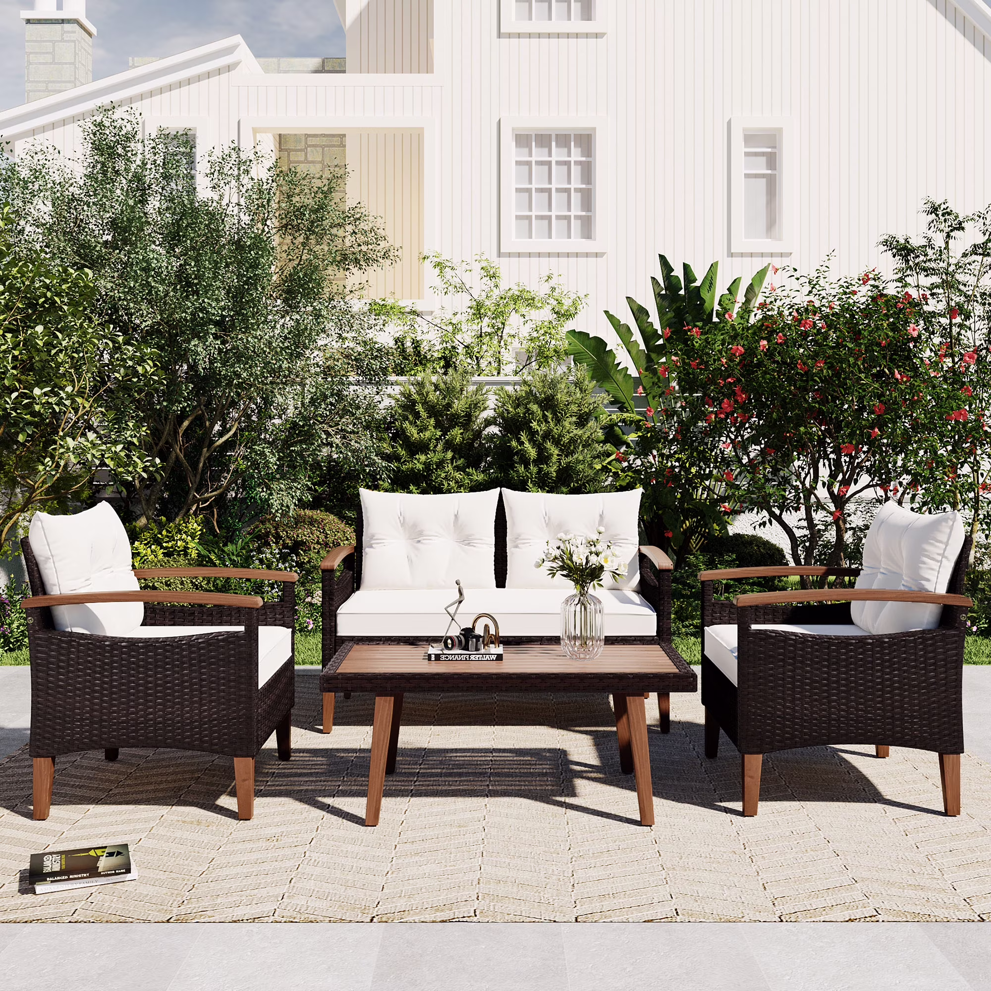 Seizeen 4-Piece Patio Furniture Set, PE Rattan Outdoor Conversation Set with Acacia Wood Accents (Brown, 4-Piece Set) yFLTy