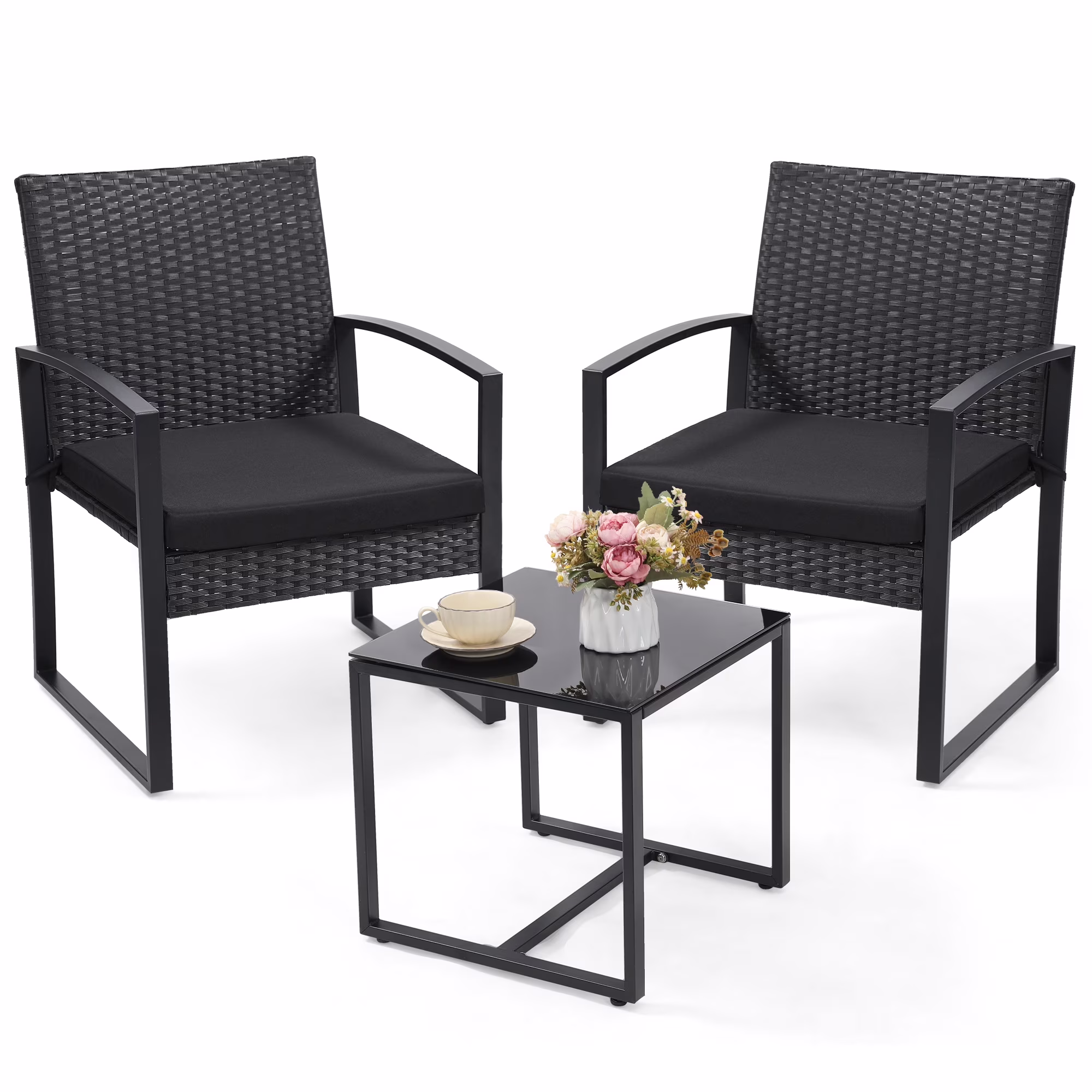 LOGYAT 3 Piece Wicker Patio Bistro Set, All-Weather Rattan Conversation Set with Glass Top Coffee Table (Black, 3 Piece) xcgT1