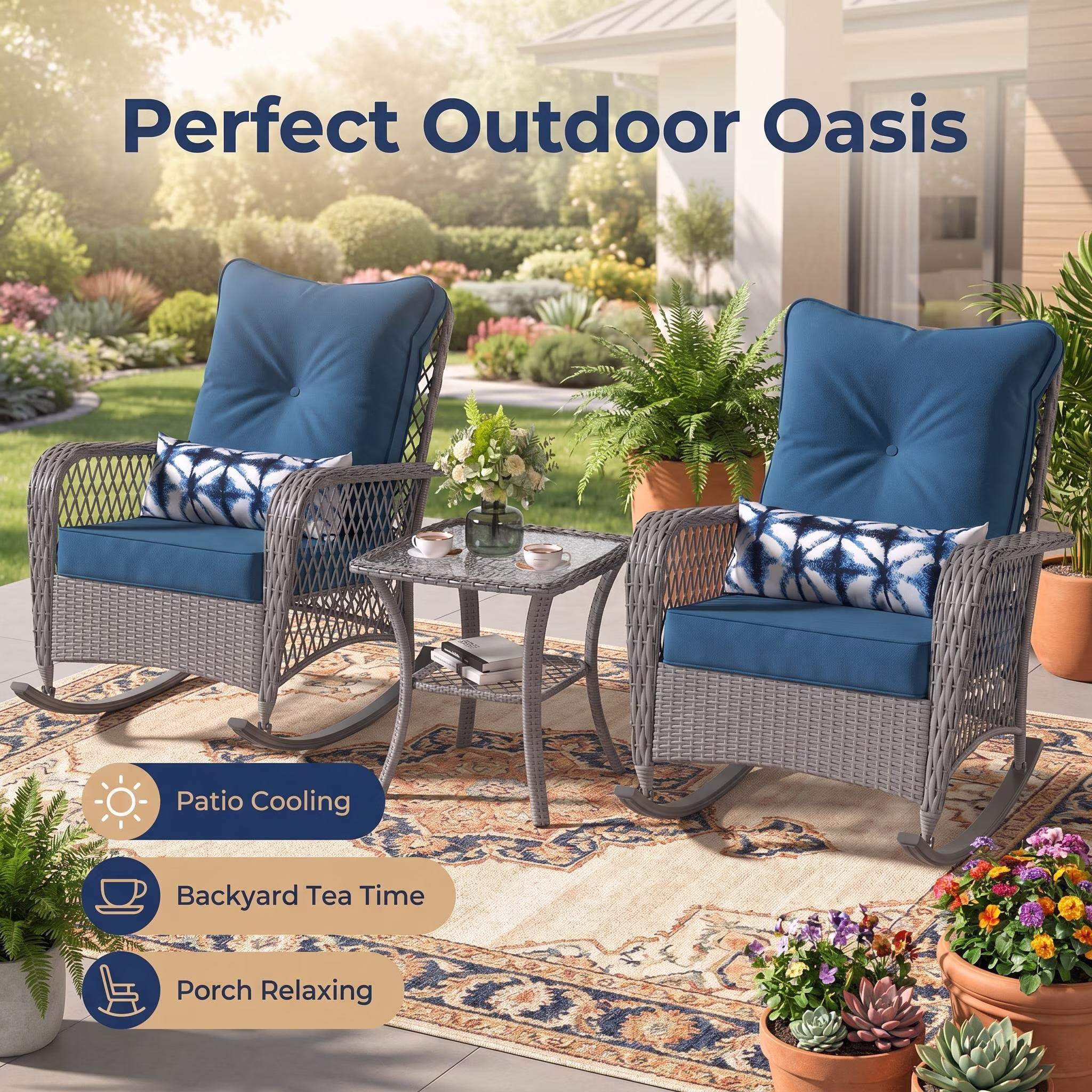 UDPATIO 3-Piece Outdoor Rattan Rocking Bistro Set with Side Table and 4 in Thick Cushions (Blue, 3-Piece Set) VgXYE
