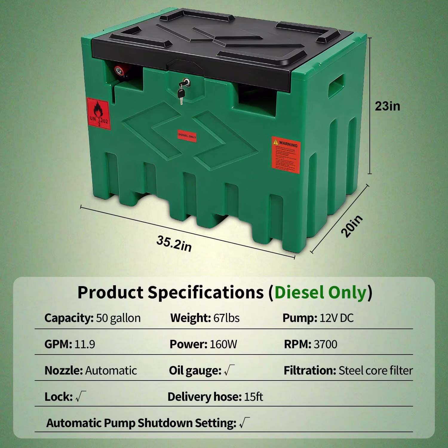 Speott 50 Gallon Diesel Fuel Transfer Tank with 12V Electric Pump and Automatic Nozzle (Green, 50 Gallon) pzzAg - Image 3