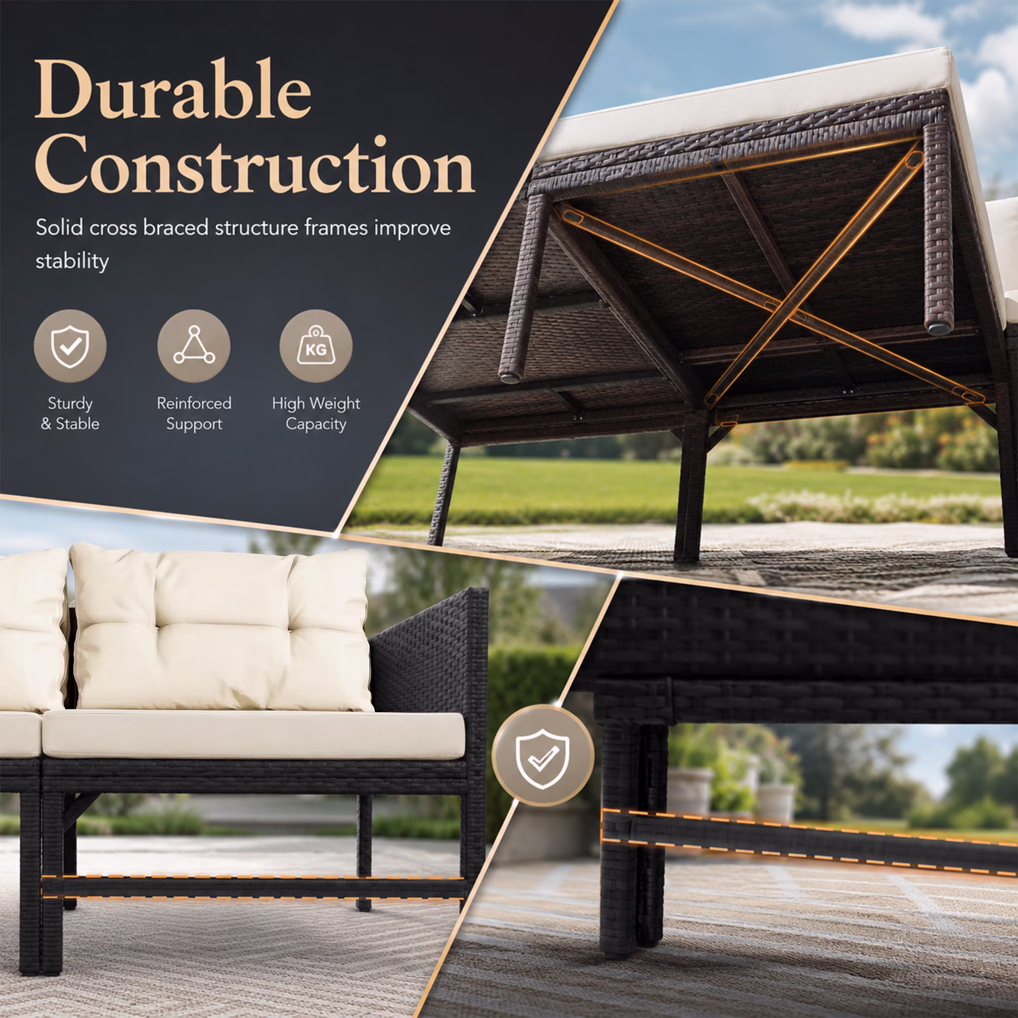 Tappio 5 Piece Outdoor Patio Furniture Set, All-Weather PE Rattan Sectional Sofa with Cushions and Glass Table (Black/Beige, 5 Piece) aUiMm