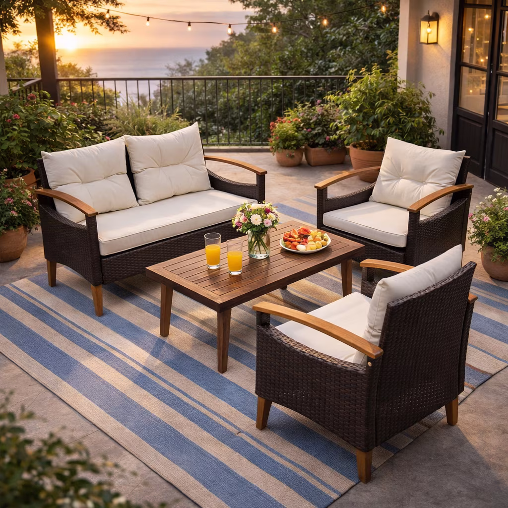 Seizeen 4-Piece Patio Furniture Set, PE Rattan Outdoor Conversation Set with Acacia Wood Accents (Brown, 4-Piece Set) yFLTy
