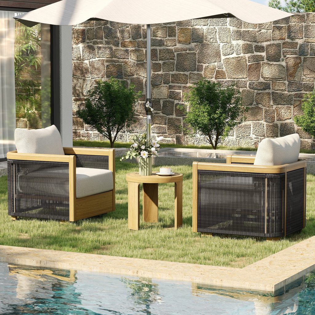 Happatio 3-Piece Aluminum Outdoor Conversation Set with Deep Seating and Side Table (Beige, 3-Piece Set) 5xSmg