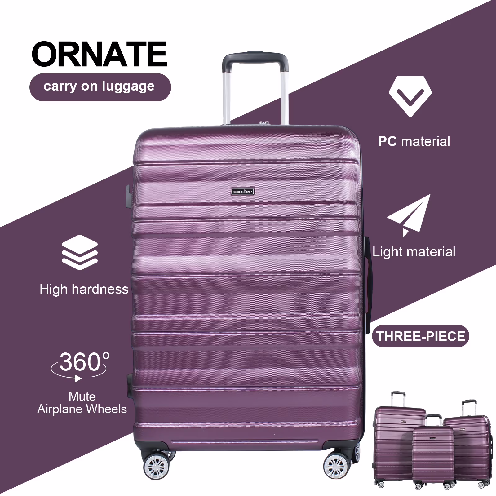 TRIPCOMP Hardside Luggage Set 3-Piece Lightweight Spinner Suitcase (Dark Purple, 21 in, 25 in, 29 in) Q5T8F