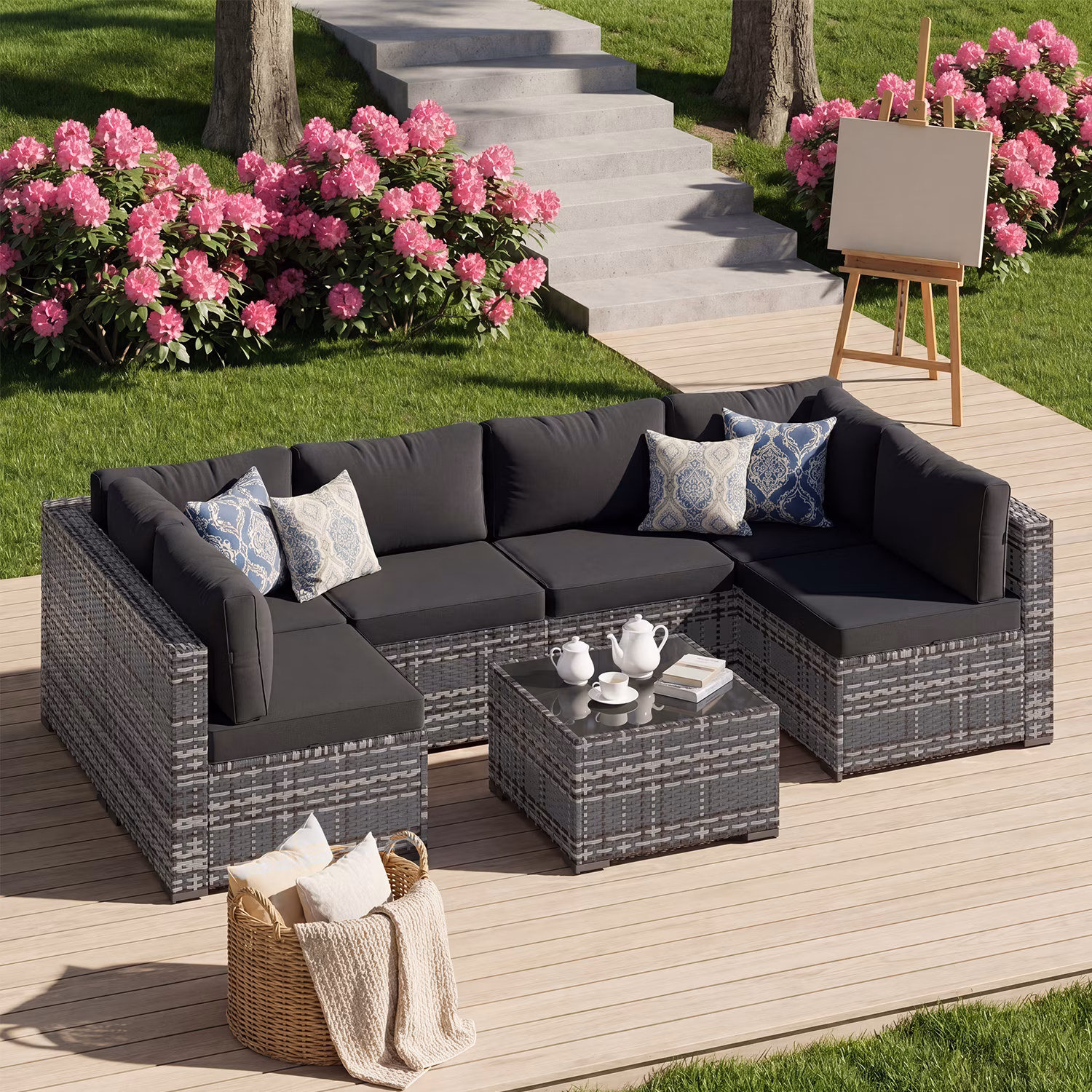 LazySunsets 7-Piece Outdoor Patio Conversation Set, Rattan Wicker Sectional Sofa with Coffee Table (Black, 7-Piece Set) ZN9If