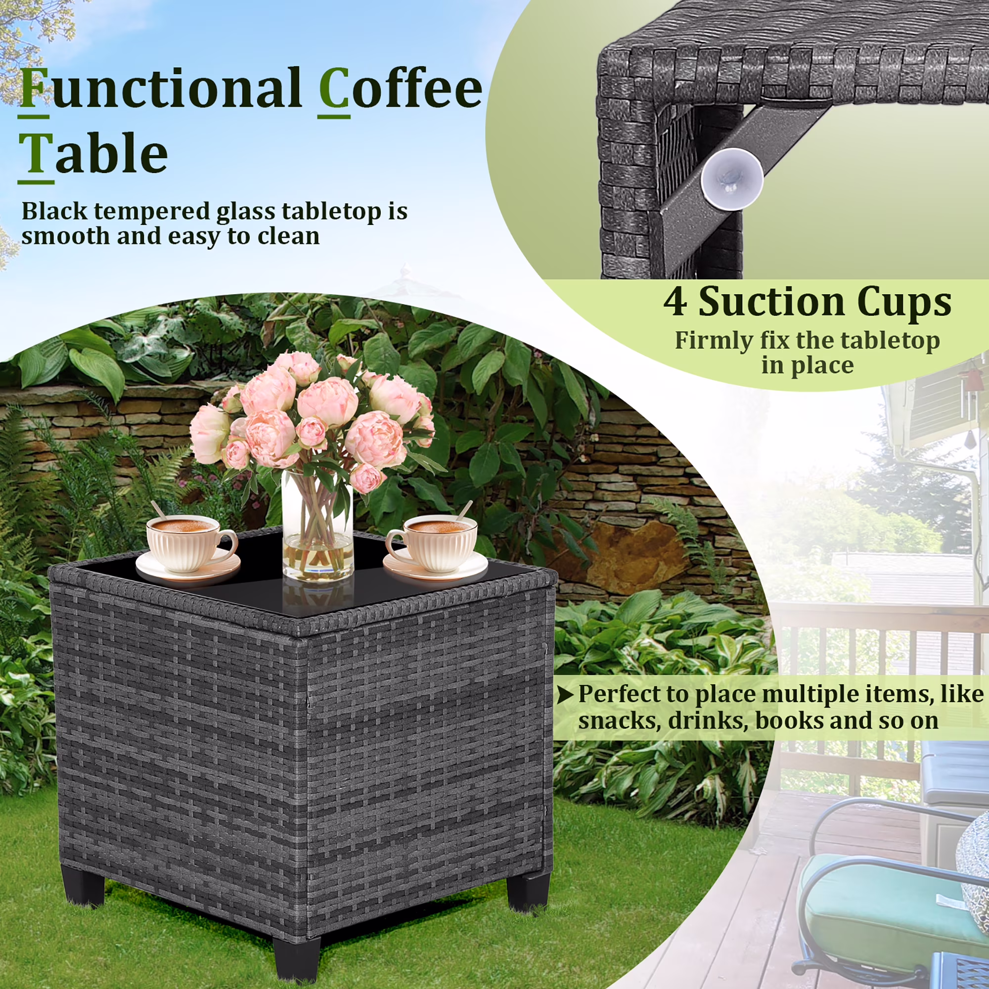 Gymax 3-Piece Patio Rattan Sofa Set Outdoor Wicker Conversation Furniture with Glass Tabletop (Grey, 3-Piece Set) 1vO0G