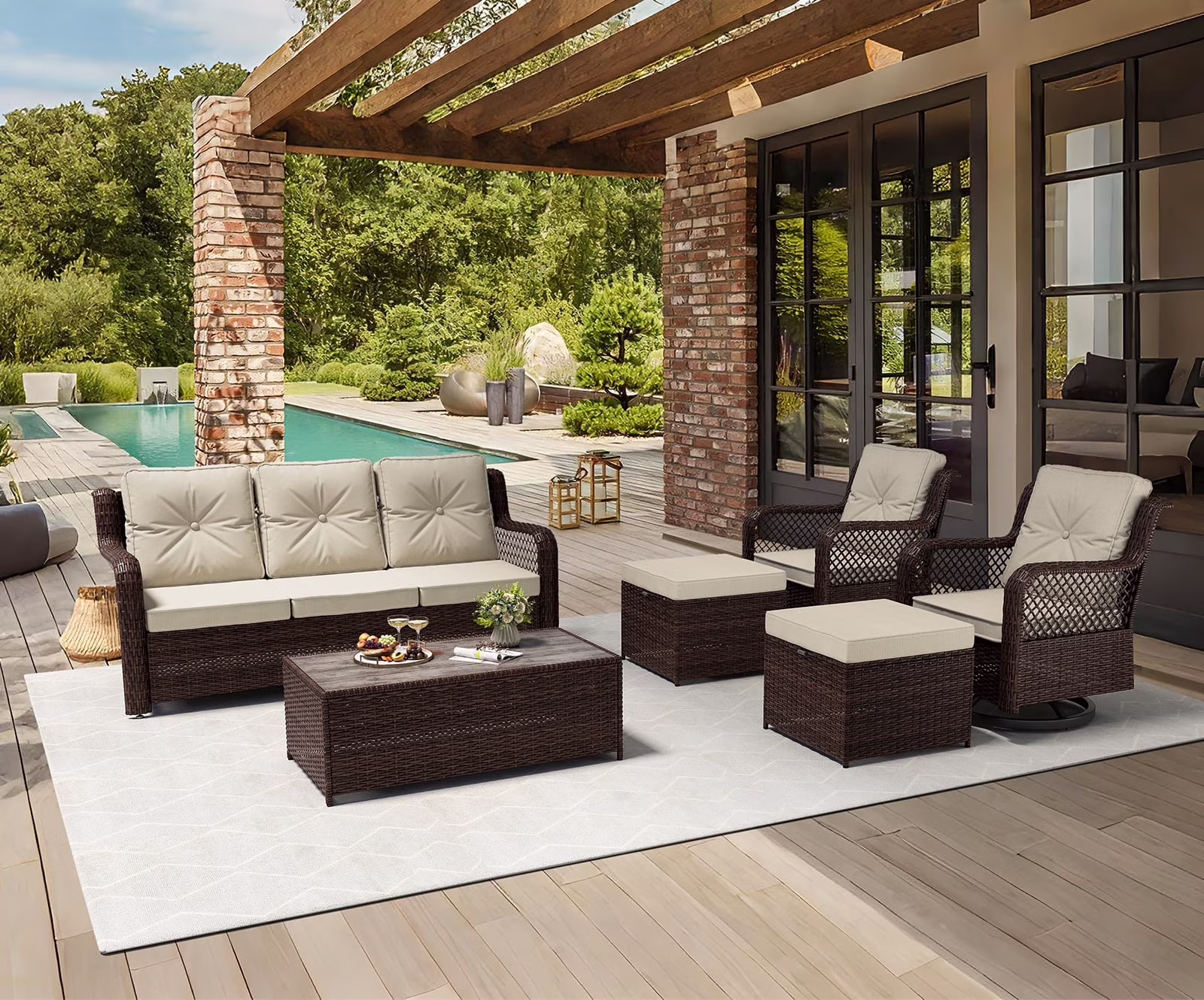 Mvpipi 6-Piece Outdoor Patio Furniture Set with Swivel Chairs, Ottoman, Sofa, and Coffee Table (Beige, 6-Piece Set) Af2MY