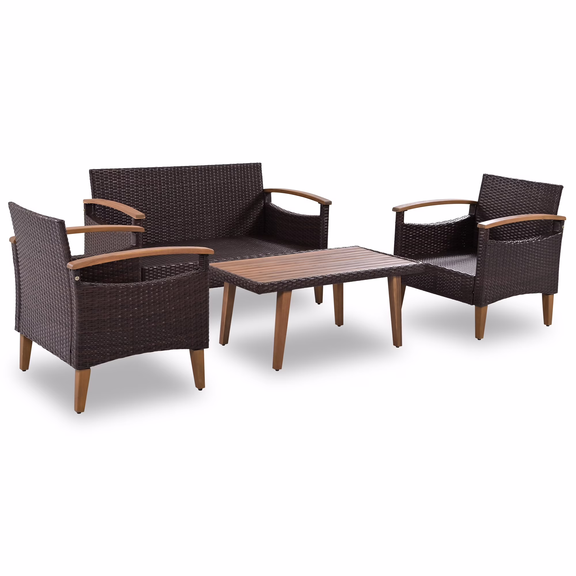 Seizeen 4-Piece Patio Furniture Set, PE Rattan Outdoor Conversation Set with Acacia Wood Accents (Brown, 4-Piece Set) yFLTy