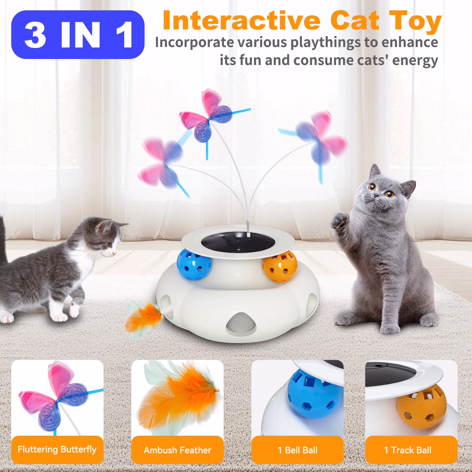 UniMaxLink Electric Interactive Cat Toy, Automatic Rotating Butterfly Feather Wand for Indoor Exercise (White, 1 Pack) BYZlg
