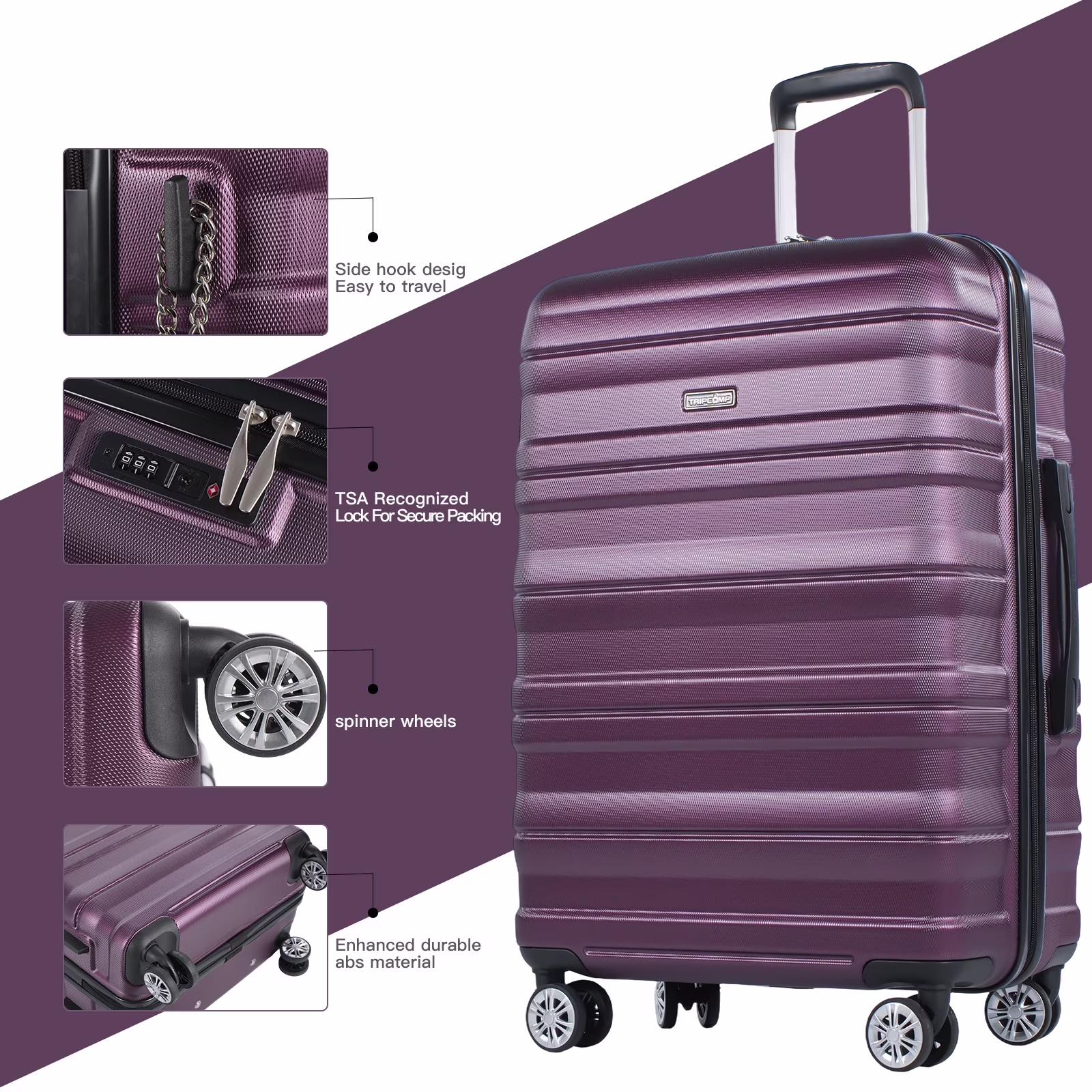 TRIPCOMP Hardside Luggage Set 3-Piece Lightweight Spinner Suitcase (Dark Purple, 21 in, 25 in, 29 in) Q5T8F