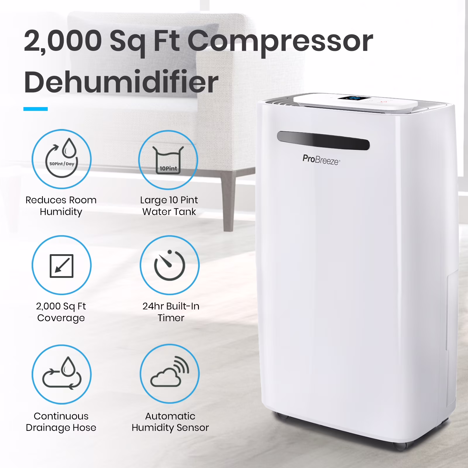 Pro Breeze 50 Pint Dehumidifier for Home and Basement (White, 3500 sq ft Coverage) ESbJh - Image 4