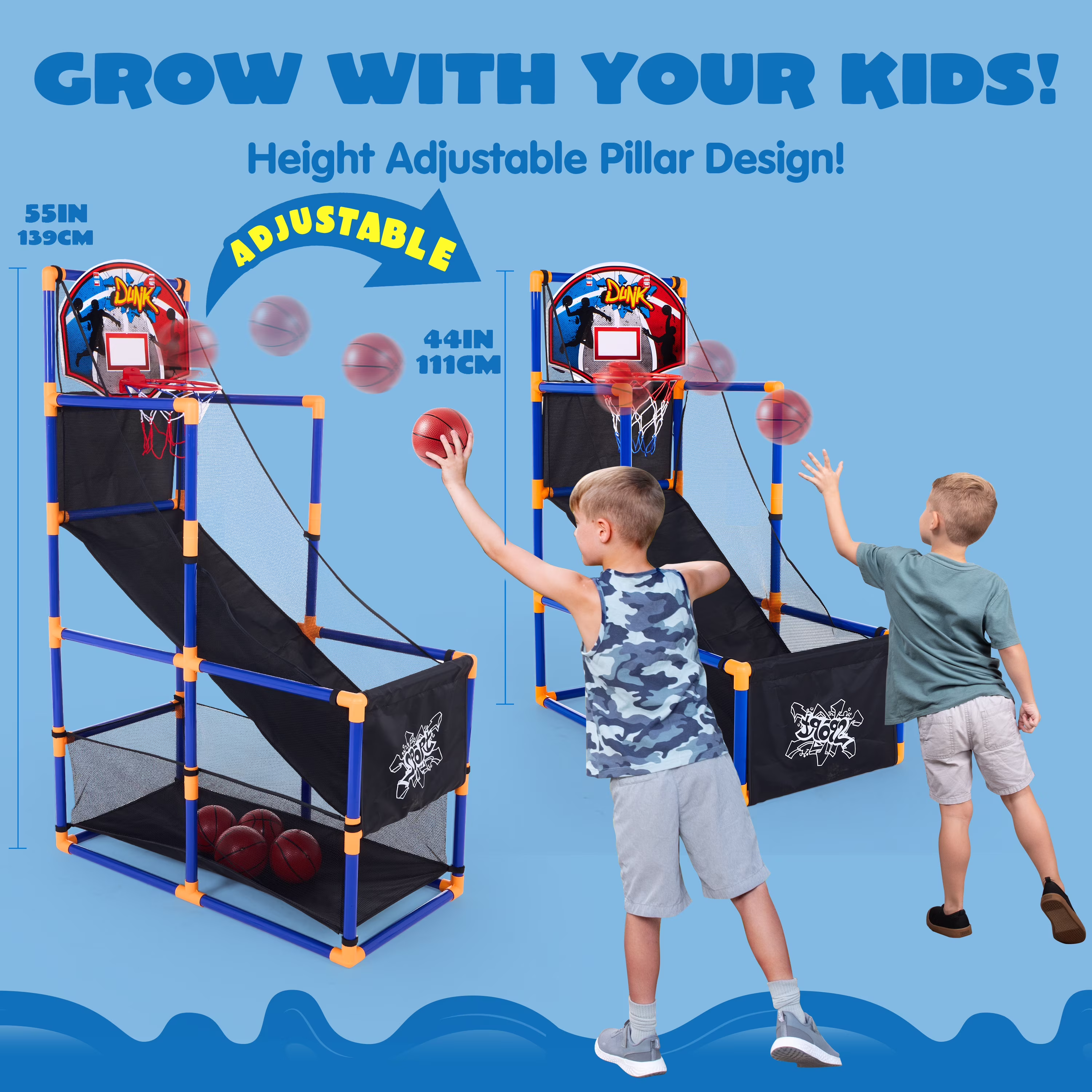 Joyfy Indoor Arcade Basketball Hoop Set with 4 Balls (Blue, 44 in - 55 in) fue3H