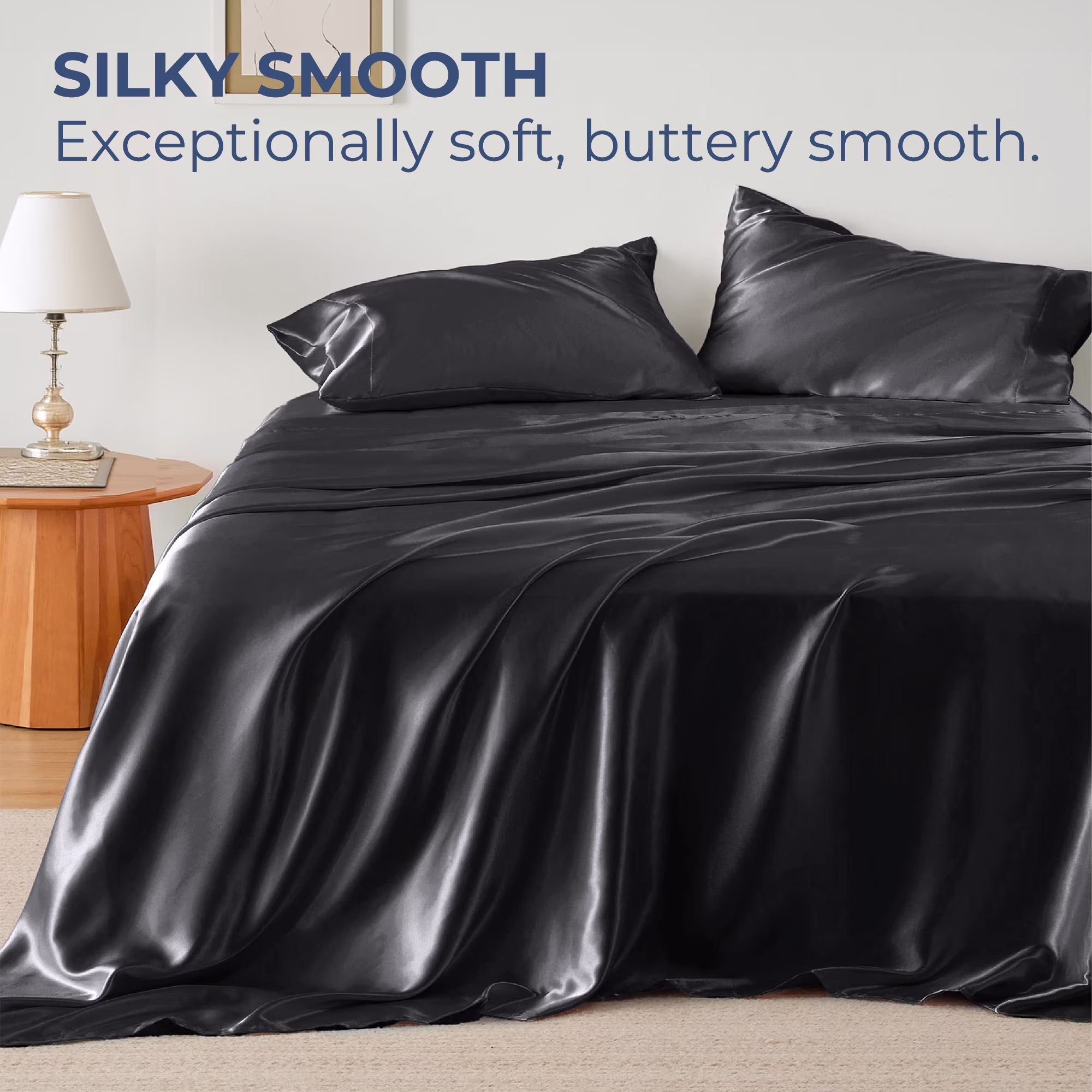 Seasonwood Satin Sheet Set, Silky Bedding Collection, Wrinkle-Resistant & Breathable (Black, Queen, 4-Piece Set) 1HWLj - Image 7