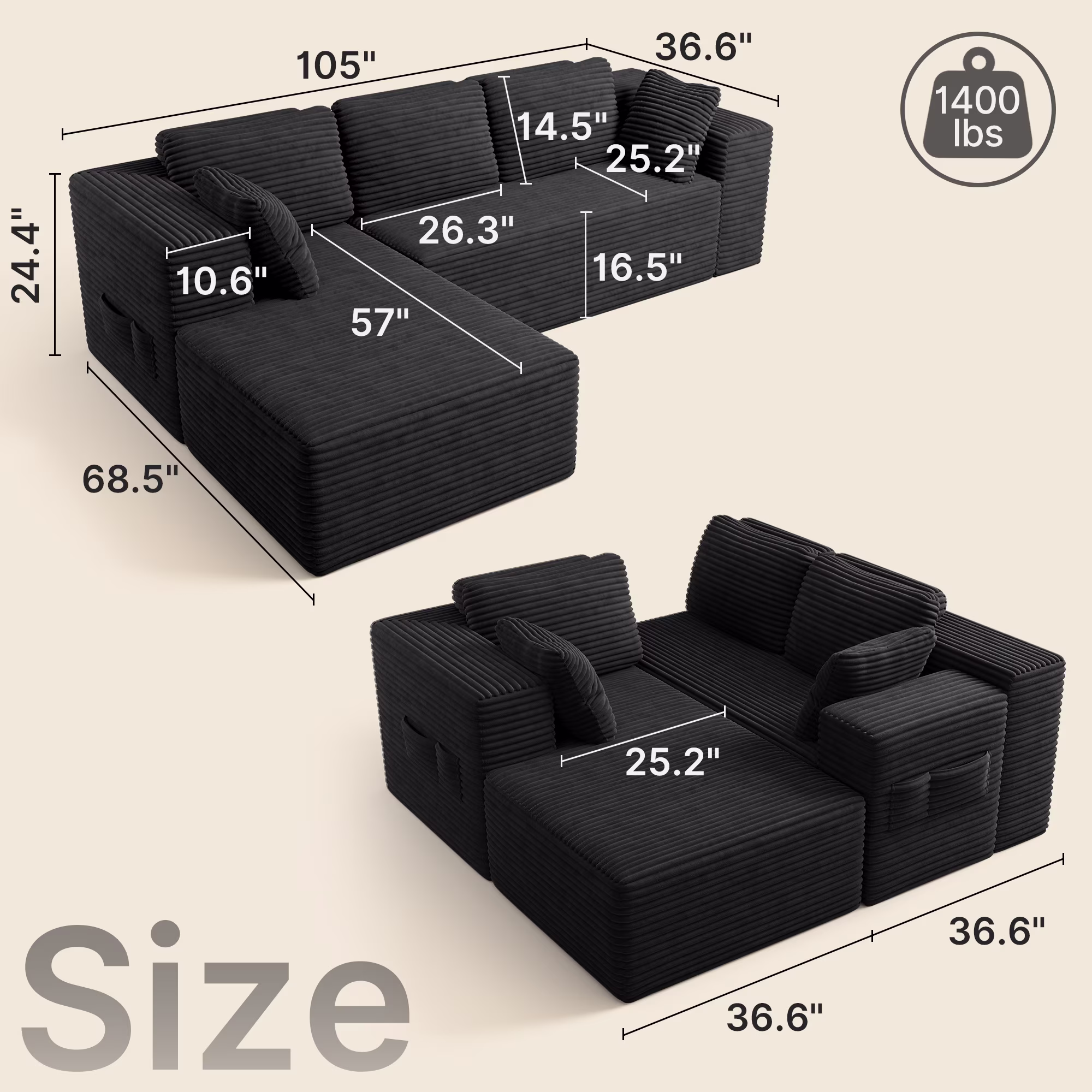Lofka L-Shaped Sectional Sofa, Pet-Friendly Corduroy Fabric, Modular Living Room Furniture (Black, 105 in) 8Uae6 - Image 8
