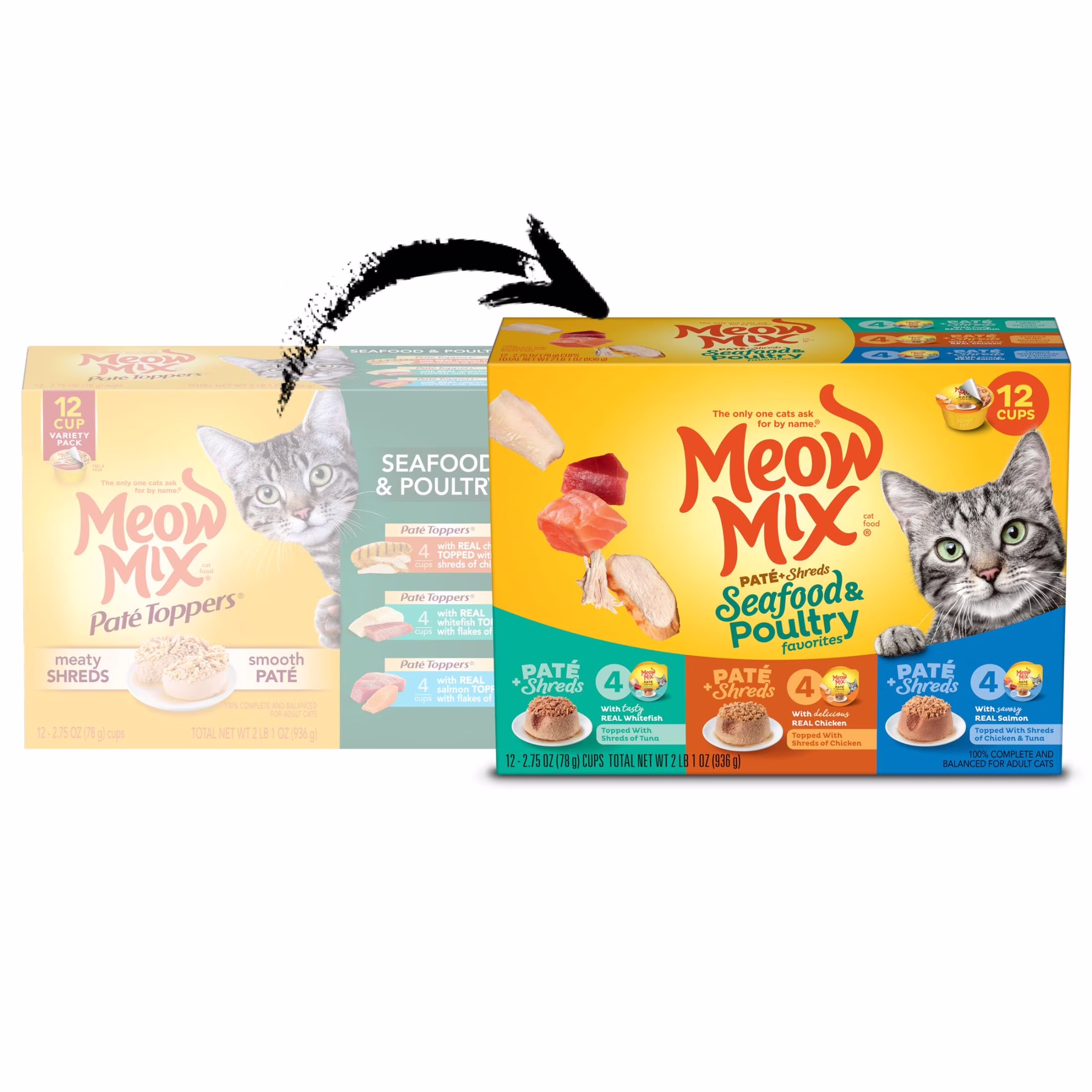 Meow Mix Pate Toppers Seafood & Poultry Variety Pack Wet Cat Food (Multi-Flavor, 12 Pack of 2.75 oz Cups) ffqAC