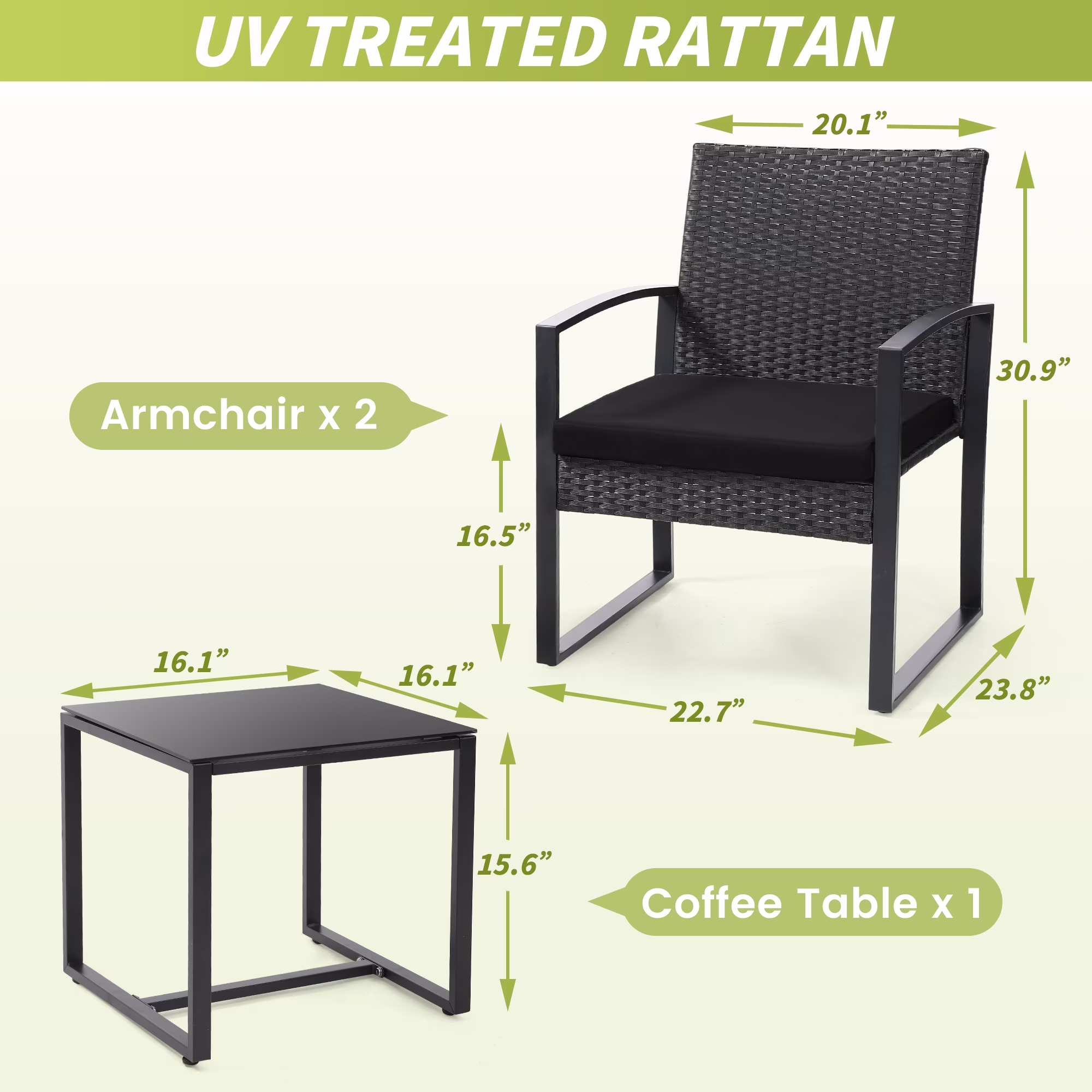 LOGYAT 3 Piece Wicker Patio Bistro Set, All-Weather Rattan Conversation Set with Glass Top Coffee Table (Black, 3 Piece) xcgT1