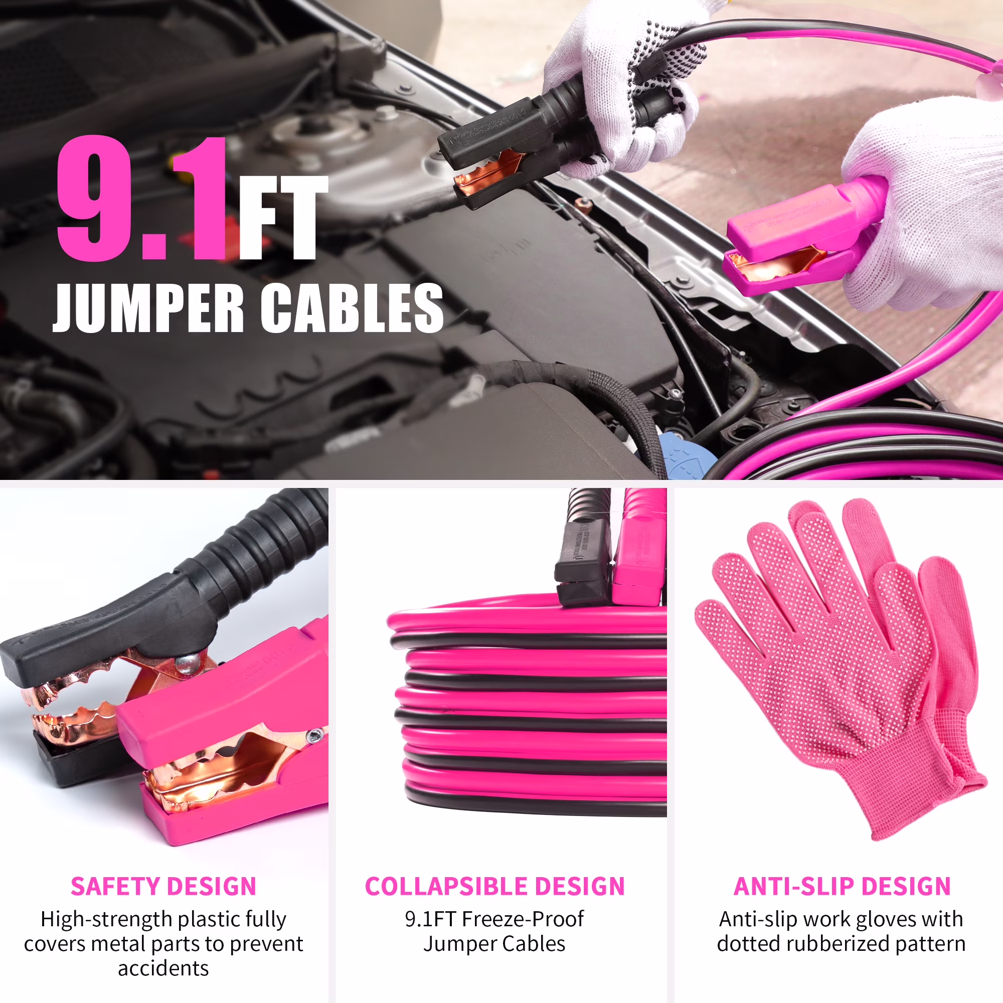 Kitgo Car Emergency Kit Roadside Safety Tool Set with Jumper Cables (Pink, 1 Pack) G7vJX - Image 2