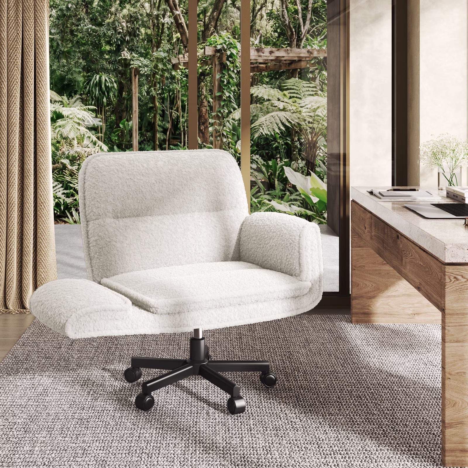 Patbrela Ergonomic Criss Cross Office Chair, Teddy Plush Wide Desk Chair with Adjustable Armrests (Beige, 18.2-22.5 in Height) KbaUB - Image 6
