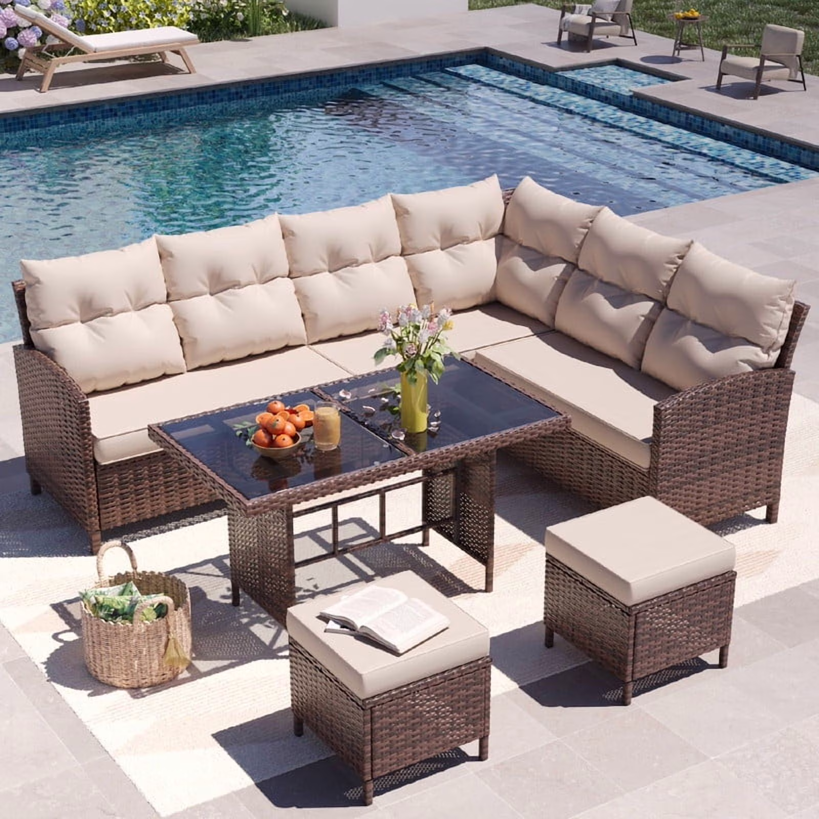ELPOSUN 7-Piece Outdoor Patio Furniture Set (All-Weather Rattan Sectional Sofa with Dining Table and Ottomans, Brown/Khaki) 7U5ww - Image 6
