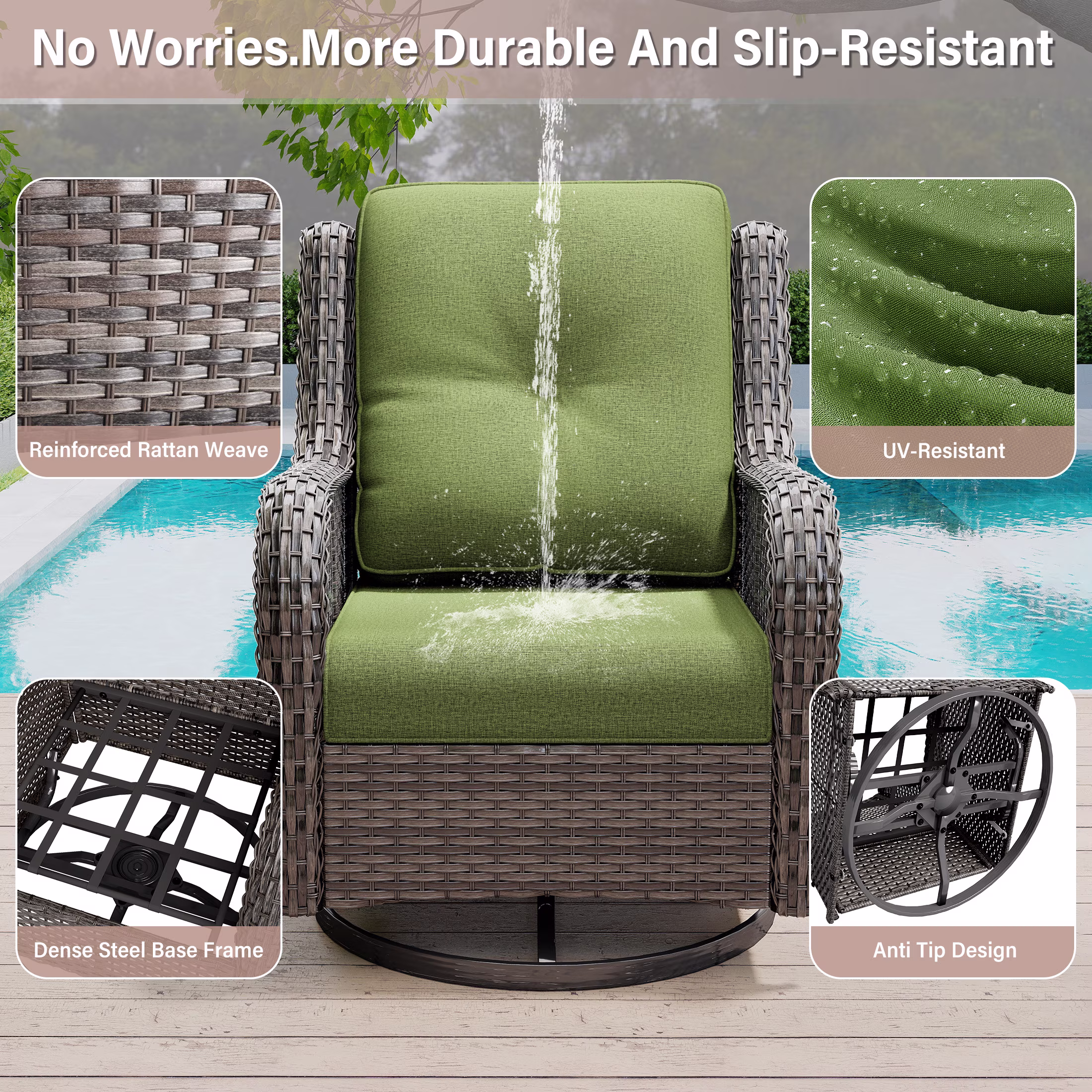 MeetLeisure 5-Piece Wicker Patio Furniture Set, Swivel Rocker Chairs with Ottomans and Side Table (Green) Zv77f - Image 6