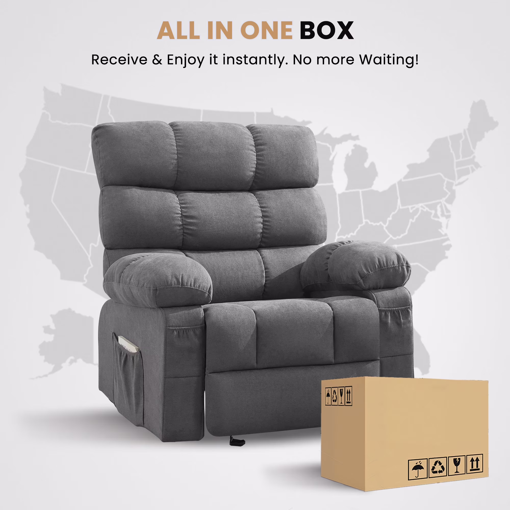 JONPONY Rocker Recliner Chair, Ergonomic Lounge Chair with Side Pocket (Gray, 350 lb Capacity) zob3k