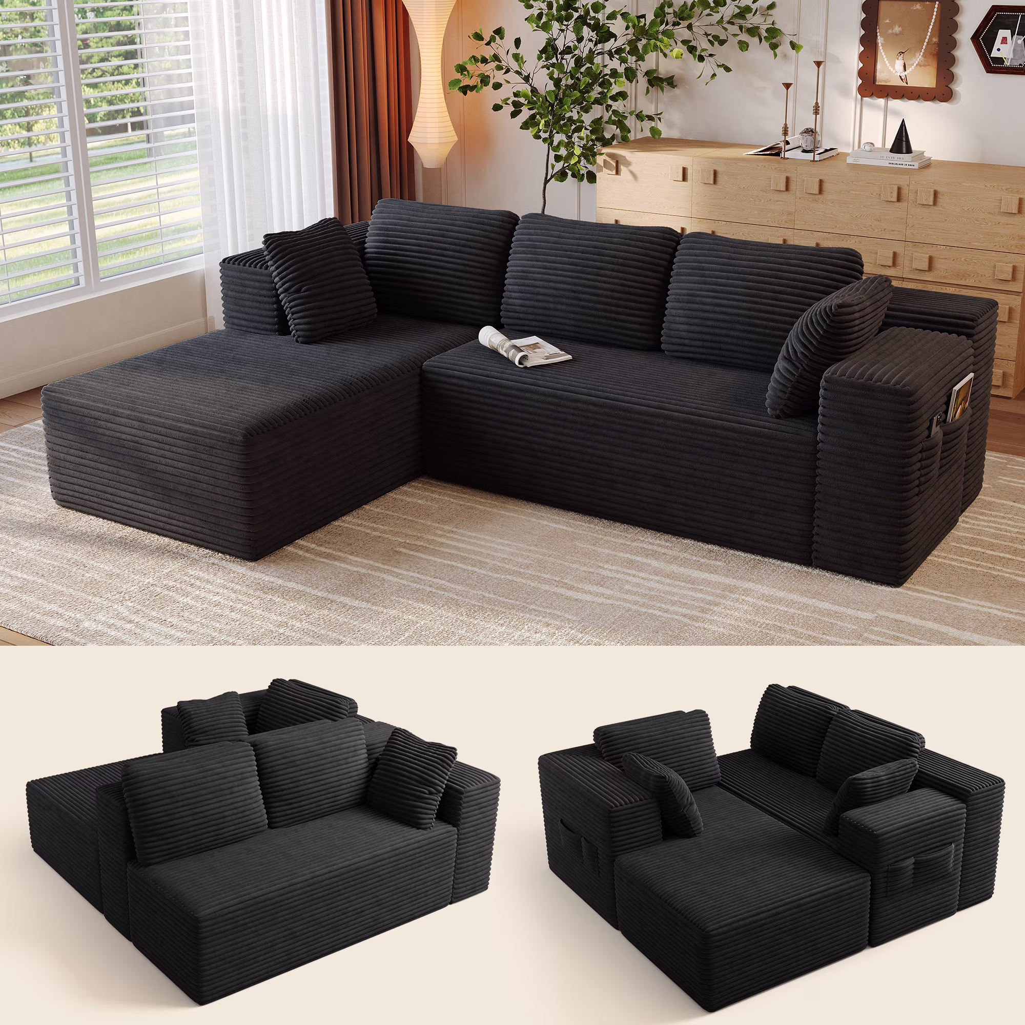 Lofka L-Shaped Sectional Sofa, Pet-Friendly Corduroy Fabric, Modular Living Room Furniture (Black, 105 in) 8Uae6 - Image 5