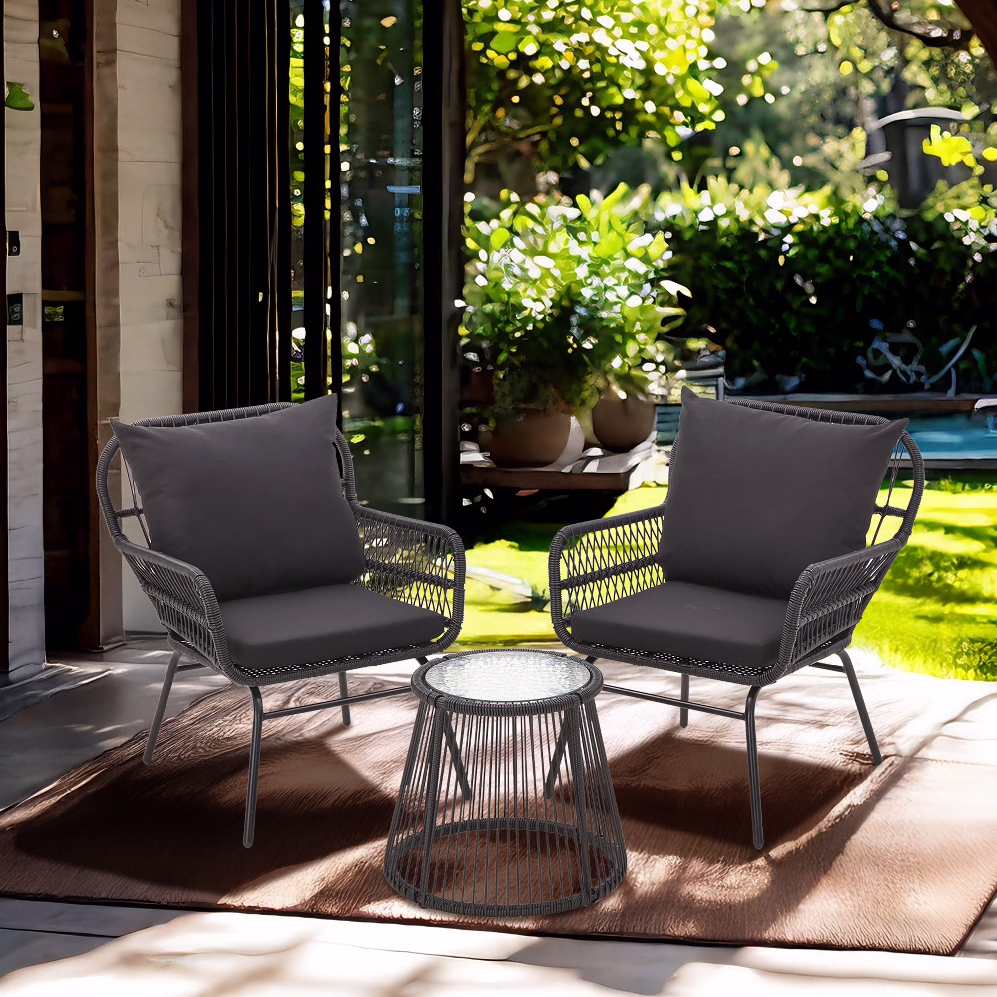 Bezseller 3-Piece Outdoor Wicker Furniture Set, Patio Conversation Set (Black, 3-Piece) gIBzb - Image 5