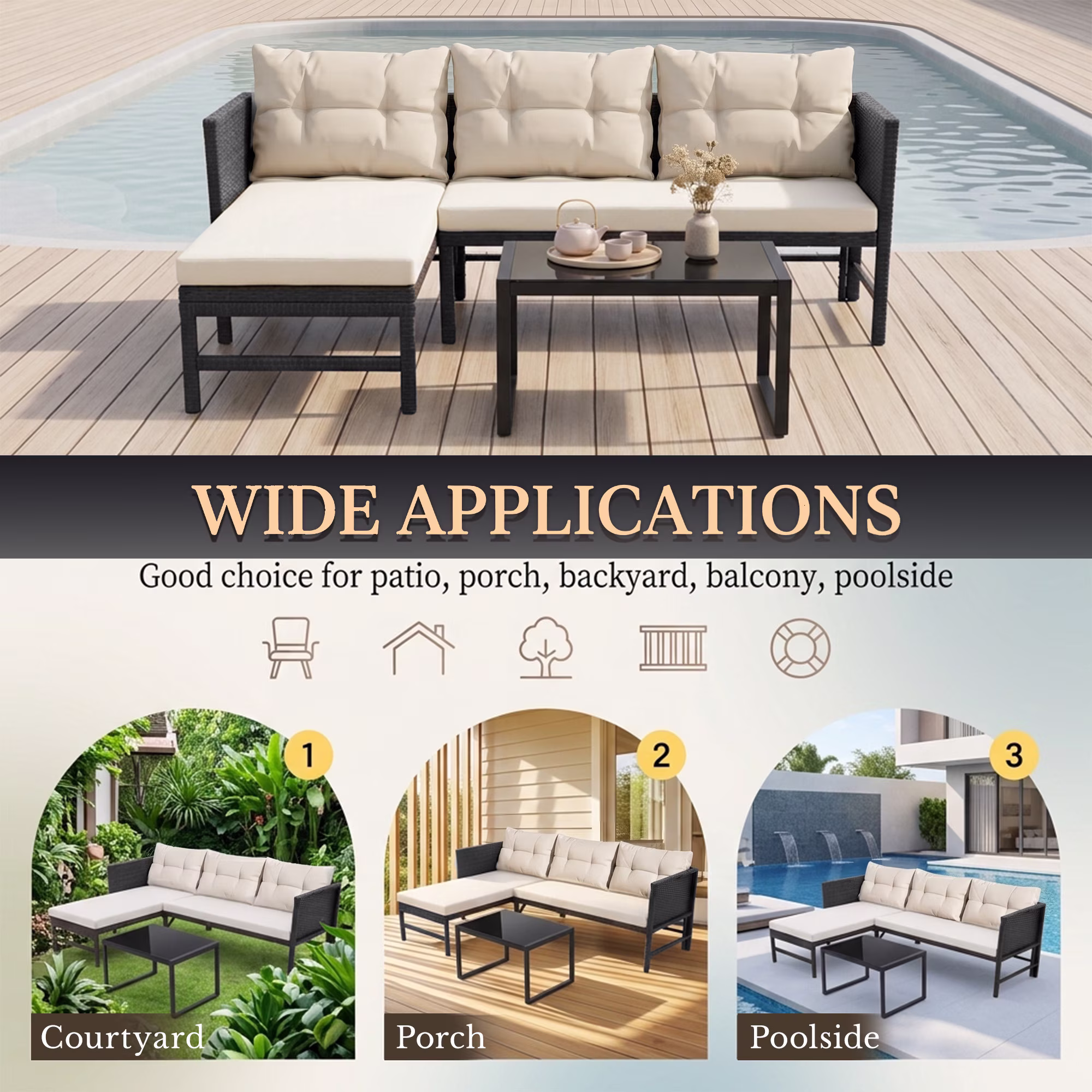 Tappio 5 Piece Outdoor Patio Furniture Set, All-Weather PE Rattan Sectional Sofa with Cushions and Glass Table (Black/Beige, 5 Piece) aUiMm