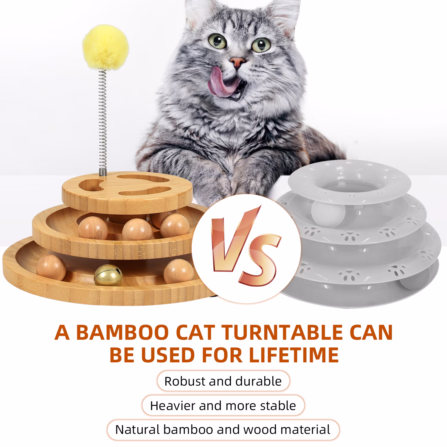 DoogCat Interactive Cat Ball Track Toy 2-Level Roller Tower with 5 Balls and Teaser Wand (Brown, 10 in x 10 in x 4 in) YRb6g