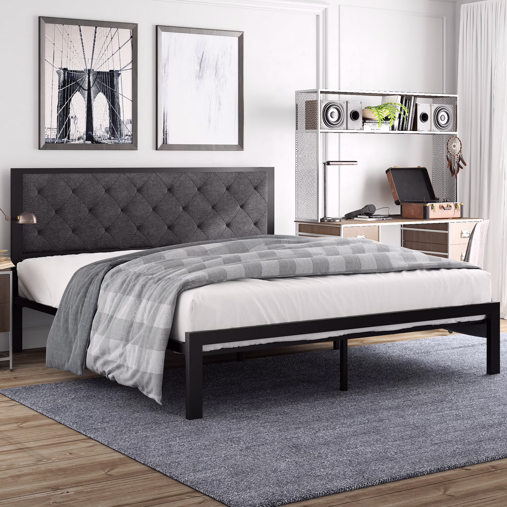 Amolife King Size Metal Bed Frame with Upholstered Headboard (Dark Grey, 81.5 in L x 78 in W x 40.9 in H) YrOtG