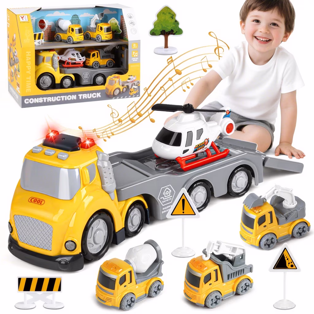 Beefunni Construction Vehicle Toy Set, 5-in-1 Transport Truck Carrier with Lights and Sounds (Yellow, 1 Set) Mnccm